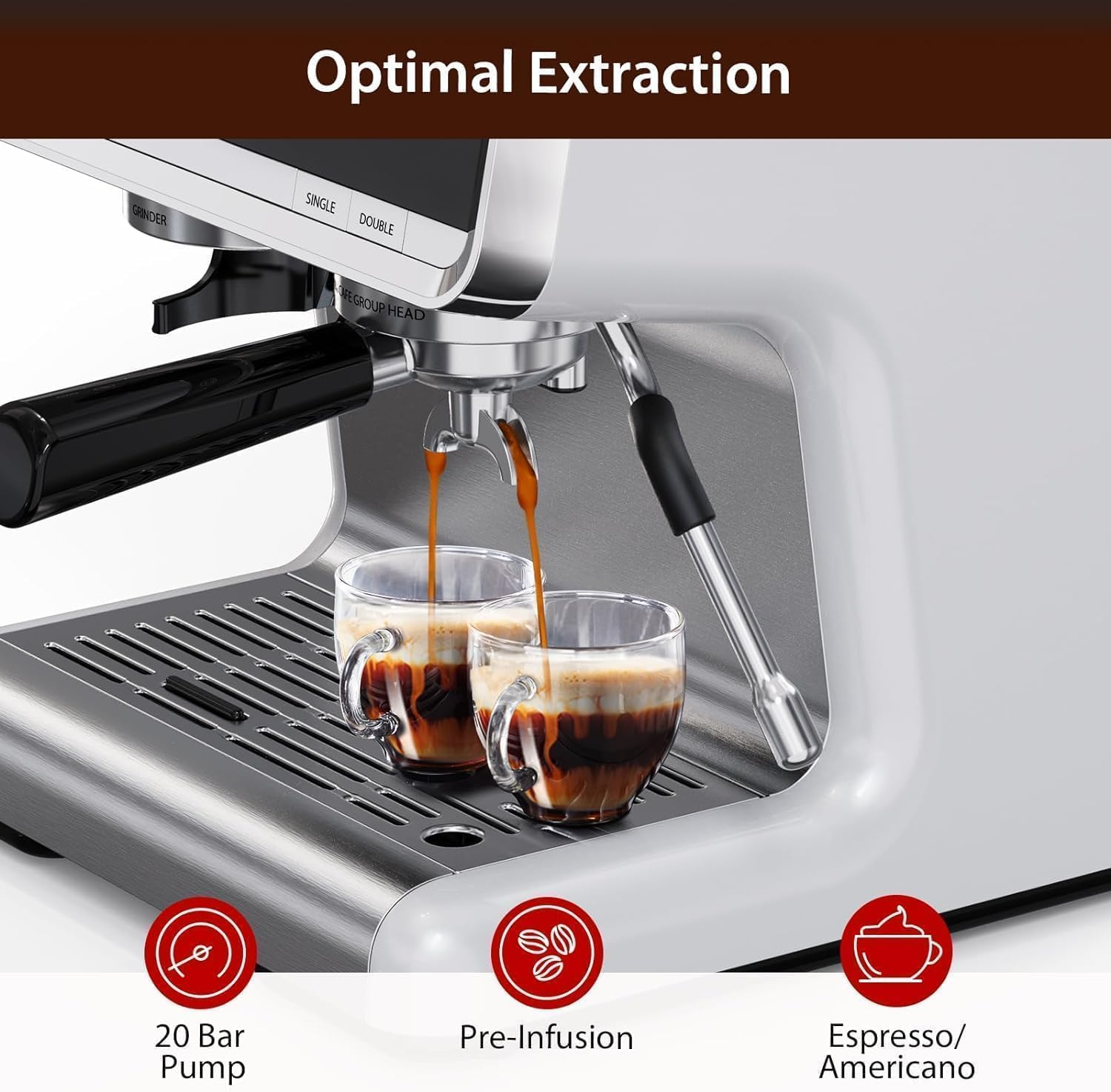 Towallmark Espresso Machine with Grinder, 20 Bar Professional Coffee Maker for Home, Milk Frother, Removable Water Tank, Steam Wand, Perfect for Espresso, Cappuccino, Latte