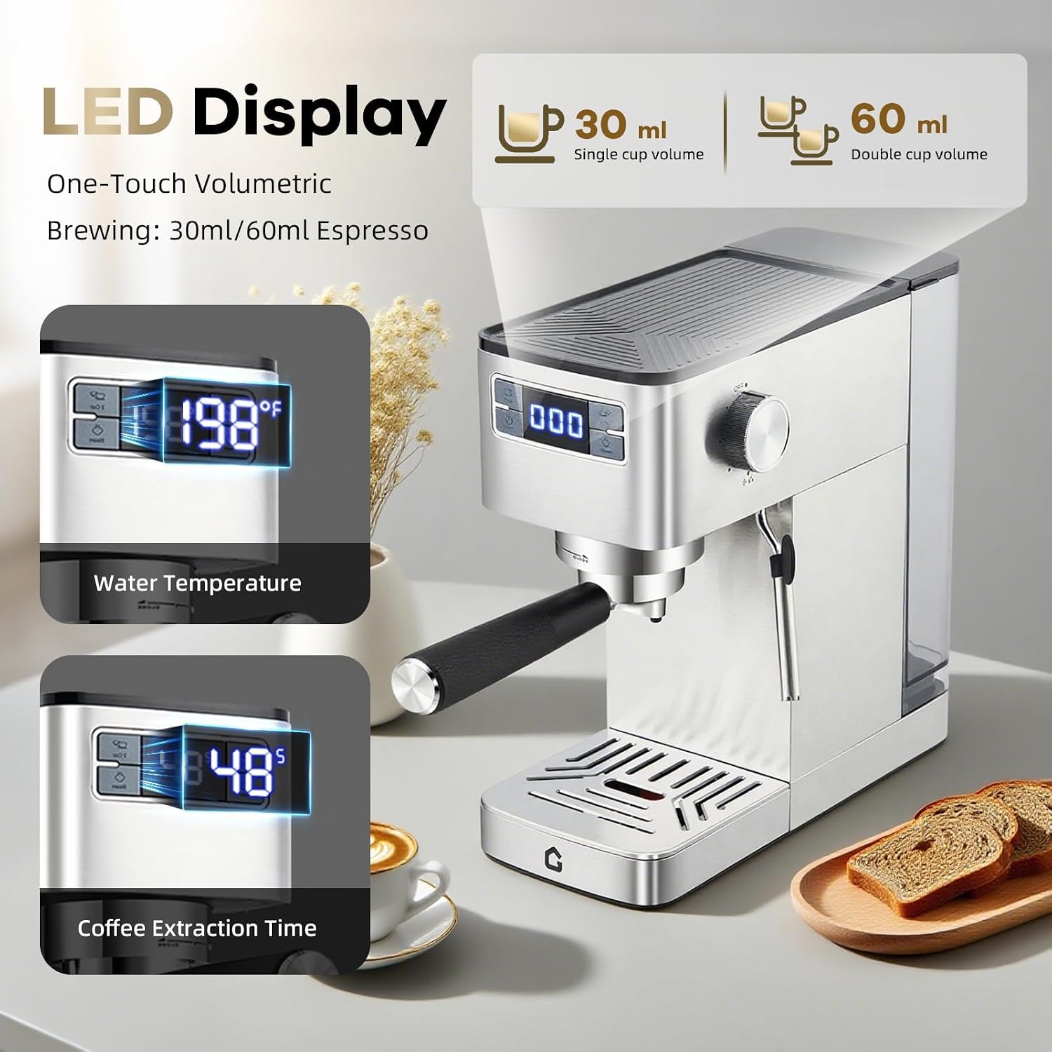 Espresso Machine, 20 Bar Coffee Maker with Steam Wand, Removable Water Tank, Compact Design, Automatic Cappuccino and Latte Maker for Home and Office
