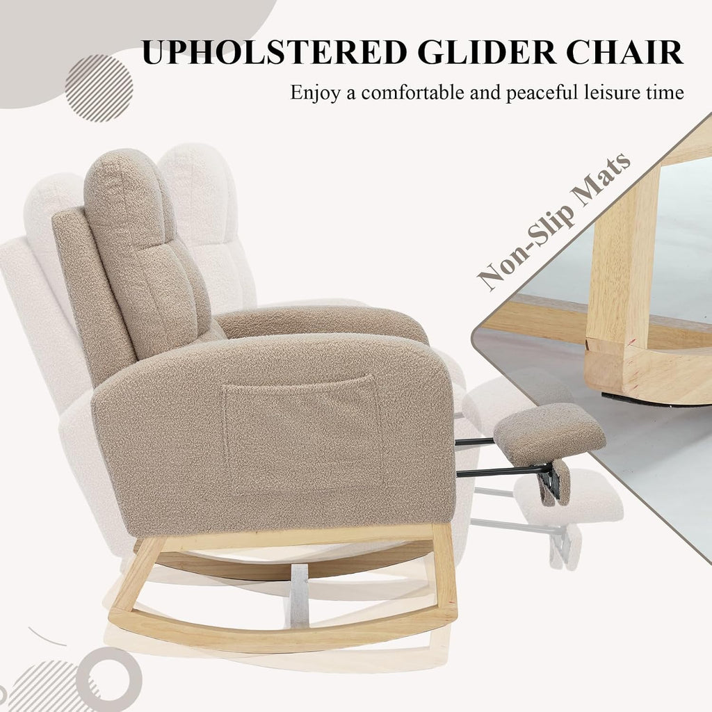 Nursery Rocking Chair, Polyester Upholstered Glider Chair with Footrest, Comfy Rocker Chair, Accent Chair with High Backrest, Glider Rocker, Armchair for Living Room (Brown Teddy)