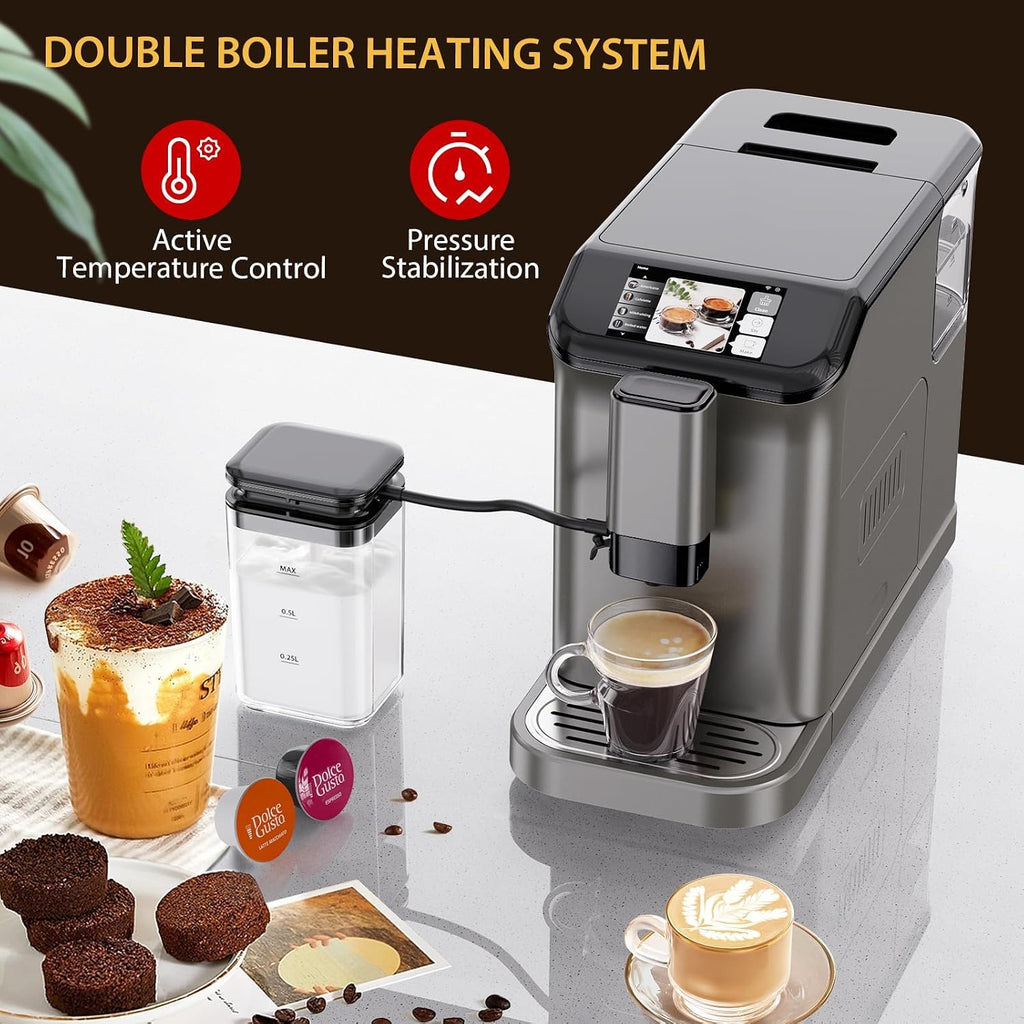 Garvee Fully Automatic Espresso Machine with Built-In Grinder and Milk Frother, 4-Beverage Cappuccino and Latte Maker with Intuitive Touch Display, Gunmetal Finish