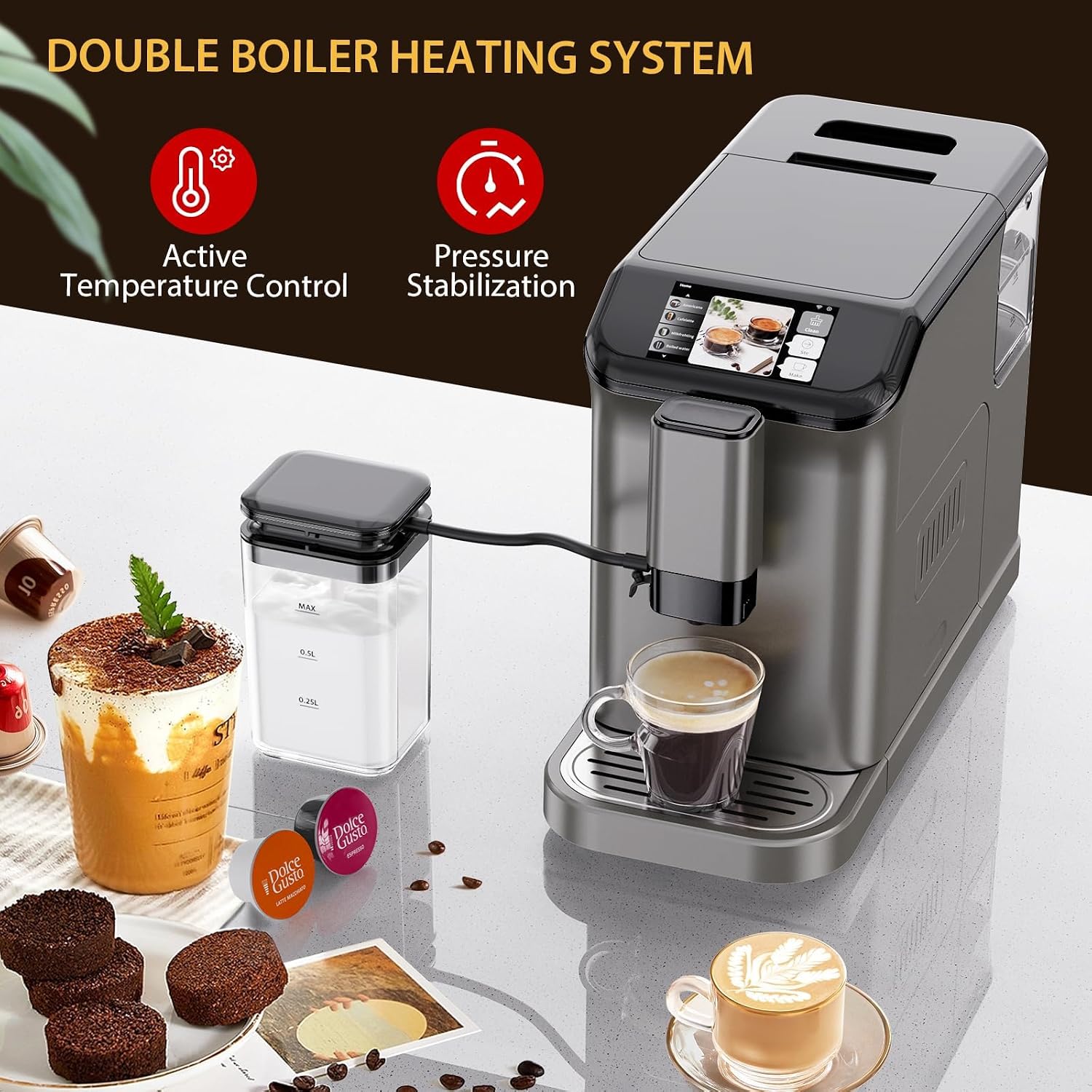 Garvee Fully Automatic Espresso Machine with Built-In Grinder and Milk Frother, 4-Beverage Cappuccino and Latte Maker with Intuitive Touch Display, Gunmetal Finish