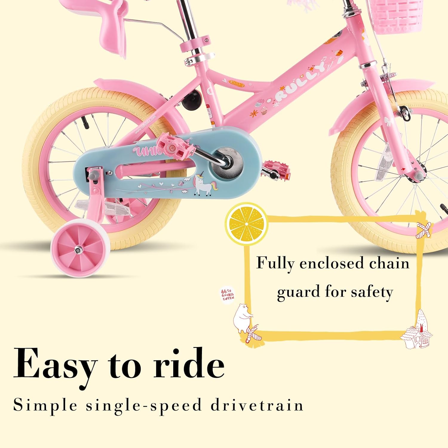 RULLY Kids Bike 12 14 16 inch for 2-7 Years Girls with Training Wheels & Front Handbrake, Kids Bicycle with Basket Bike Streamers Toddler Cycle Bikes