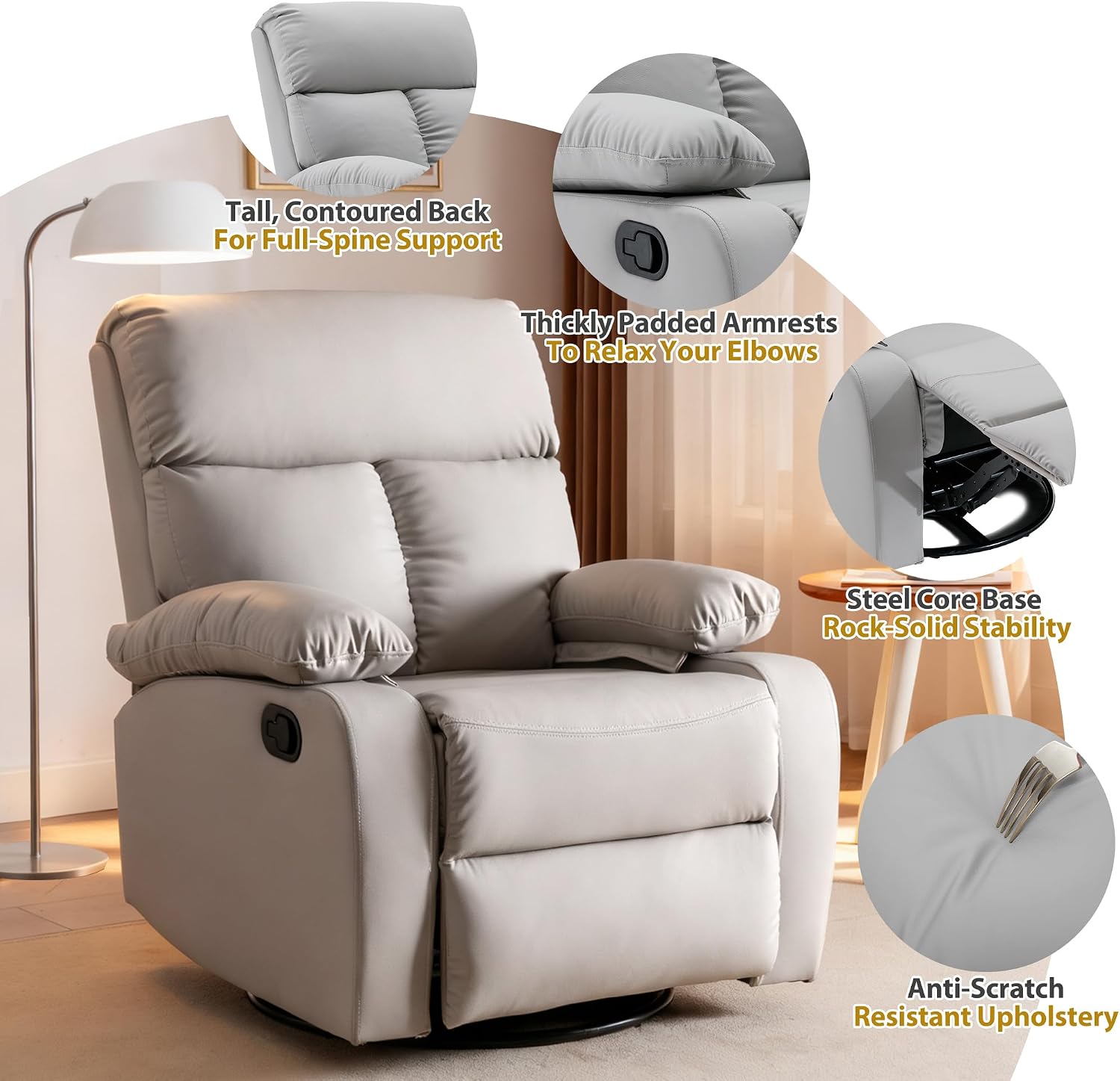 Rocking Recliner, 360° Swivel Recliner Chairs for Adults, Small Rocker Recliners for Small Spaces, Living Room, Bedroom, Nursery, RV, Light Grey