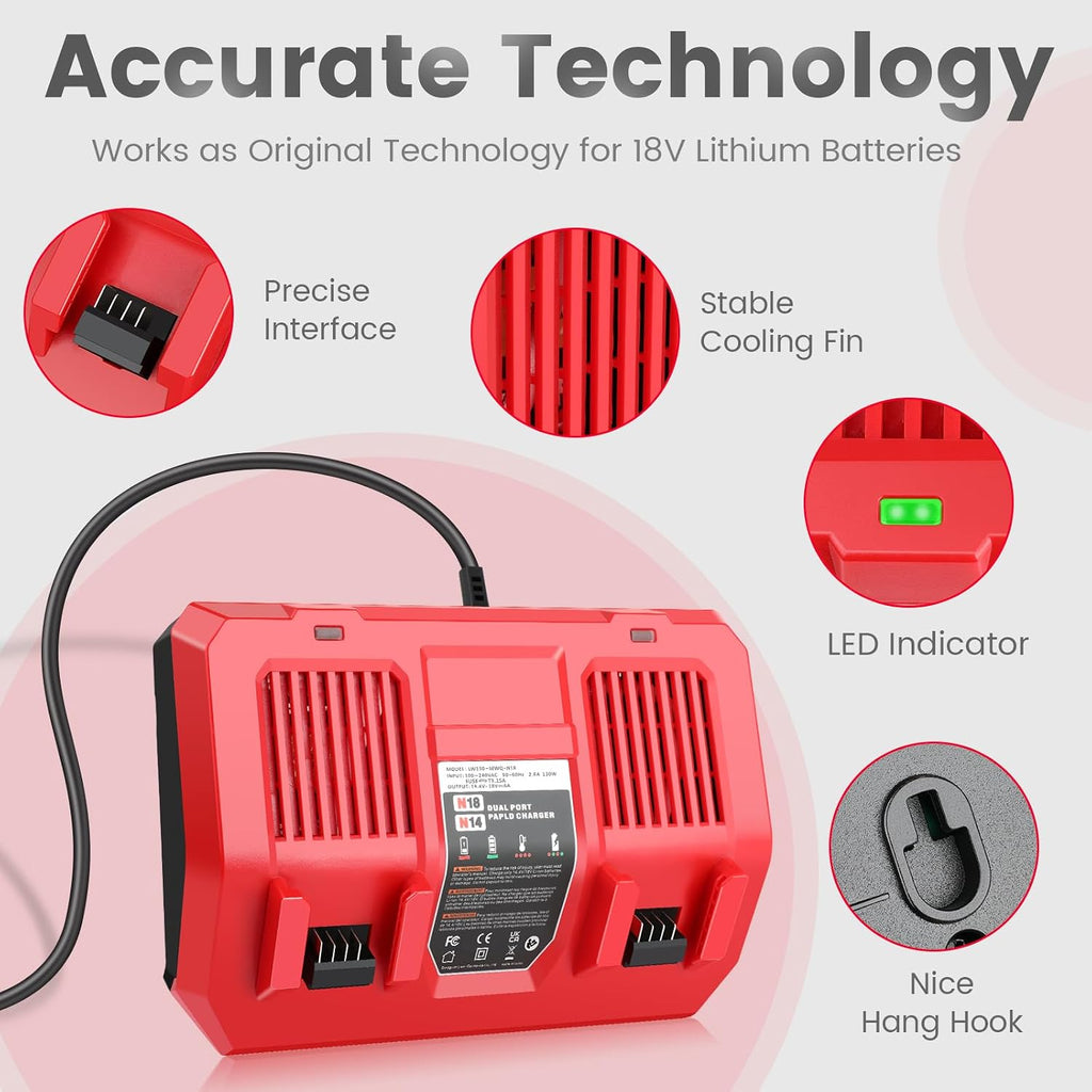 WECACHWE 6.0Ah High-Output Replacement for Milwaukee 18V Battery with Dual-Port Rapid Charger 4811-1862 4811-1852 4811-1840 4811-1830 4811-1811 4811-1815 4811-1820 4811-1841(6Battery+1Charger)