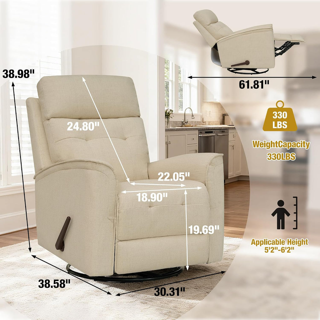 Swivel Rocker Recliner Chair for Adults, Rocking Chair, Small Swivel Recliner for Small Spaces, Living Room, Bedroom, RV(Beige)