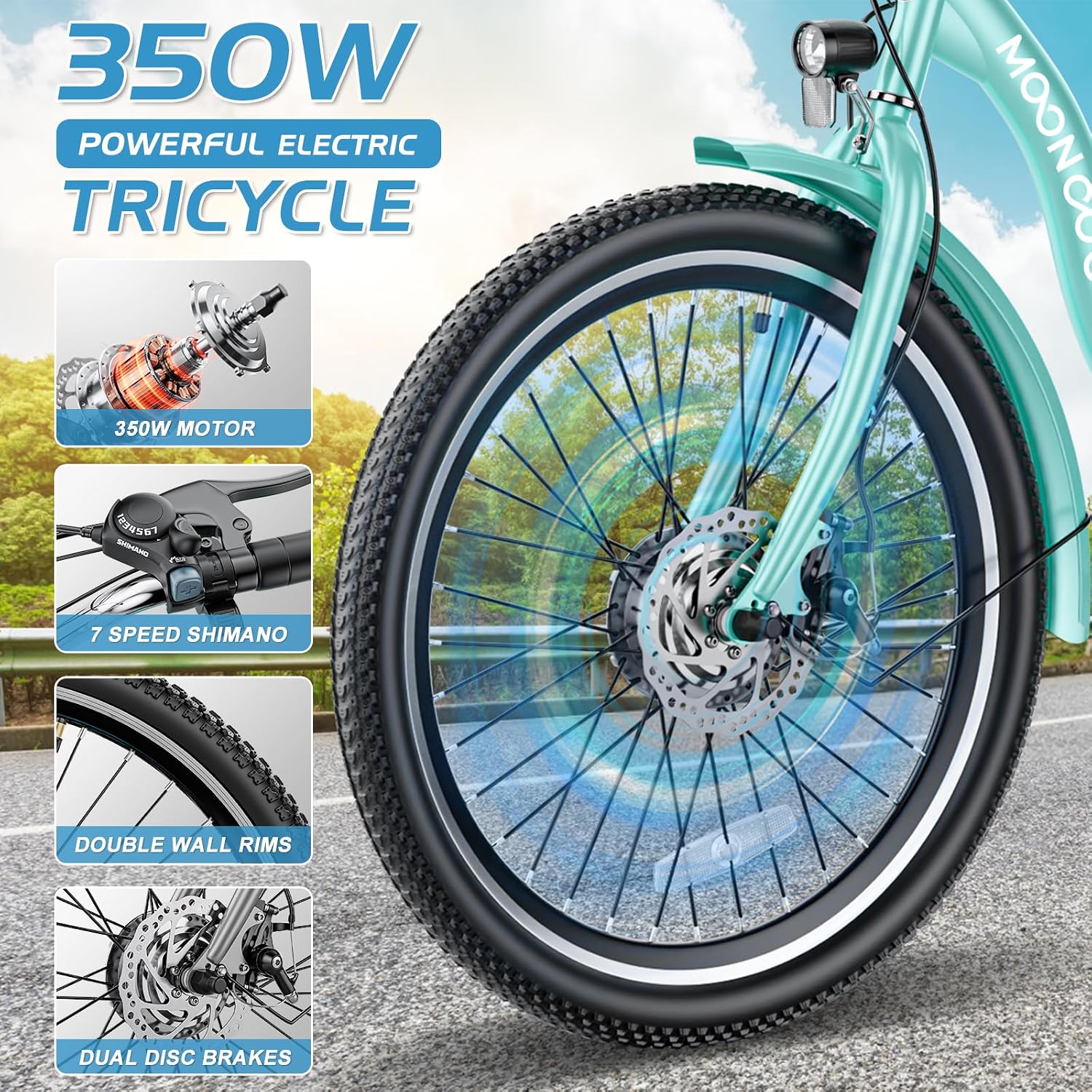 Electric Tricycle Electric Bicycle Electric Trike, 7 Speeds 3 Wheel Electric Bike for Adults with 350W 36V Removable Battery, Electric Cruiser Tricycle (26 Inch, Light-Cyan)