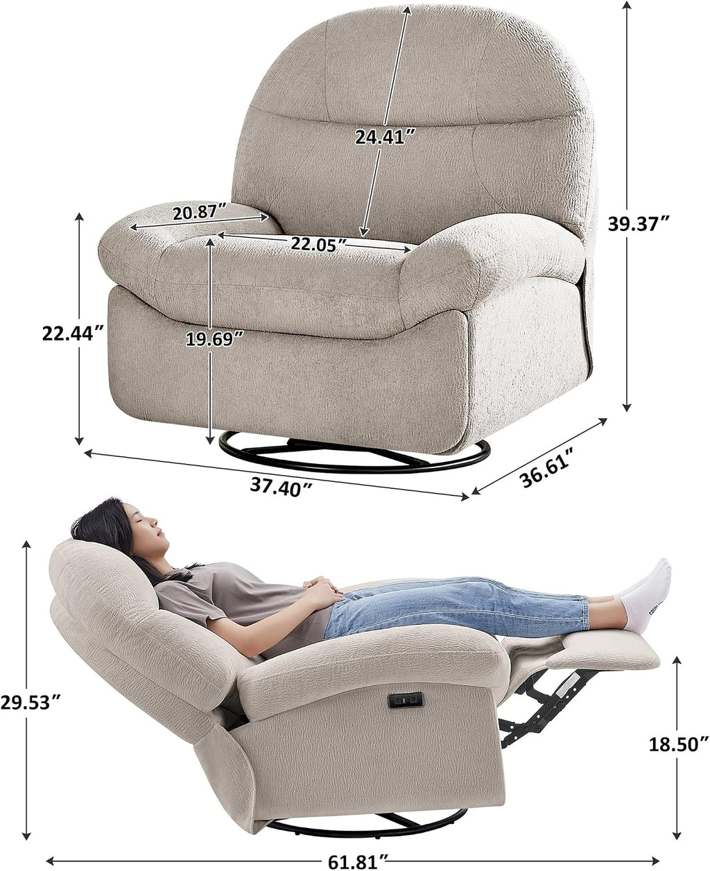 VANOMi Power Recliner Chair with USB & Type-C Charging, 270° Swivel Glider Rocker, Electric Nursery Recliner for Living Room, Bedroom, and Office, Camel