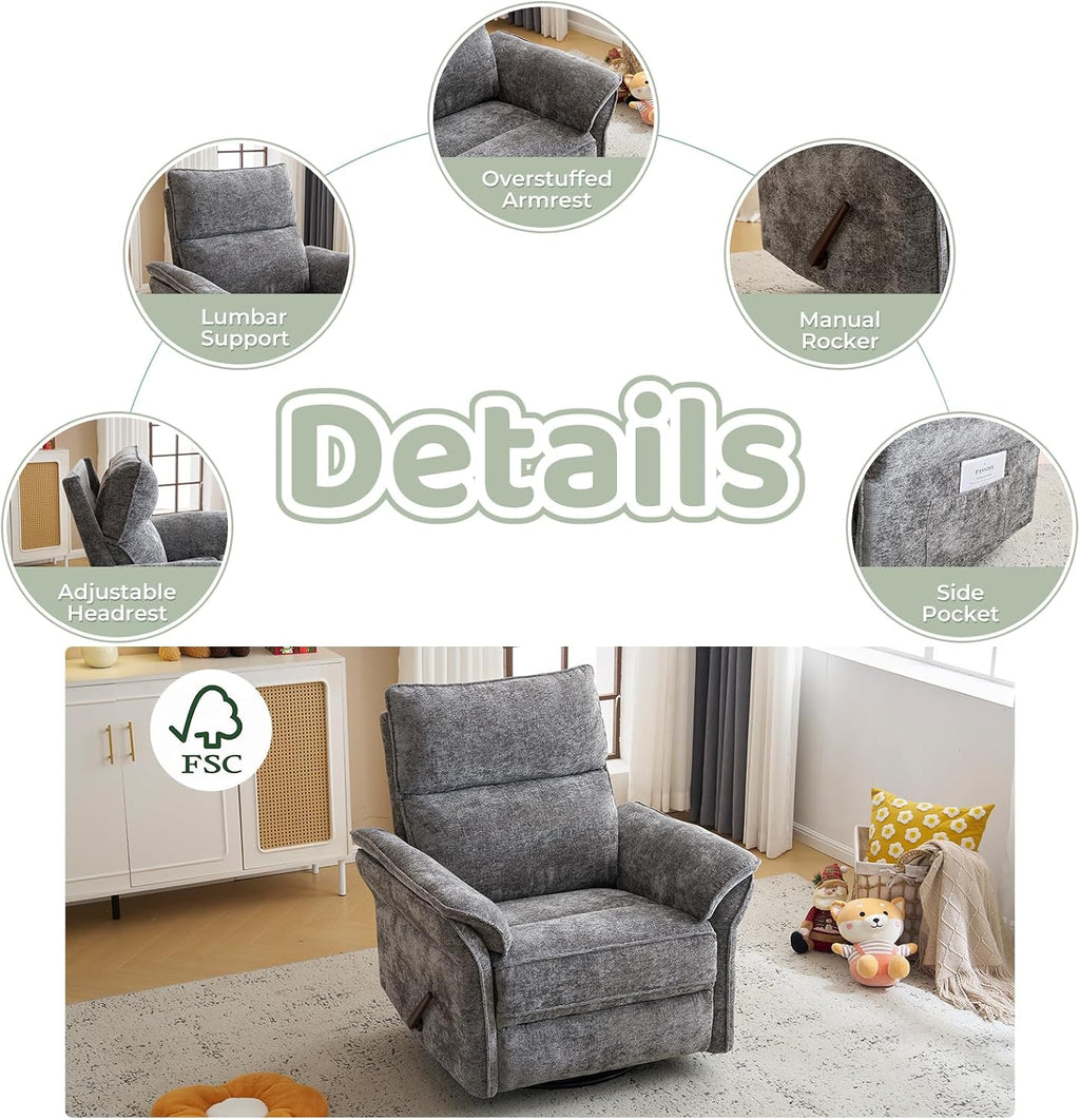 Oversized Swivel Rocker Recliner with Adjustable Headrest, Rocking Chair Nursery with Overstuffed Armrest, Manual Rocker Recliner Nursery Chair for Living Room, Dark Grey