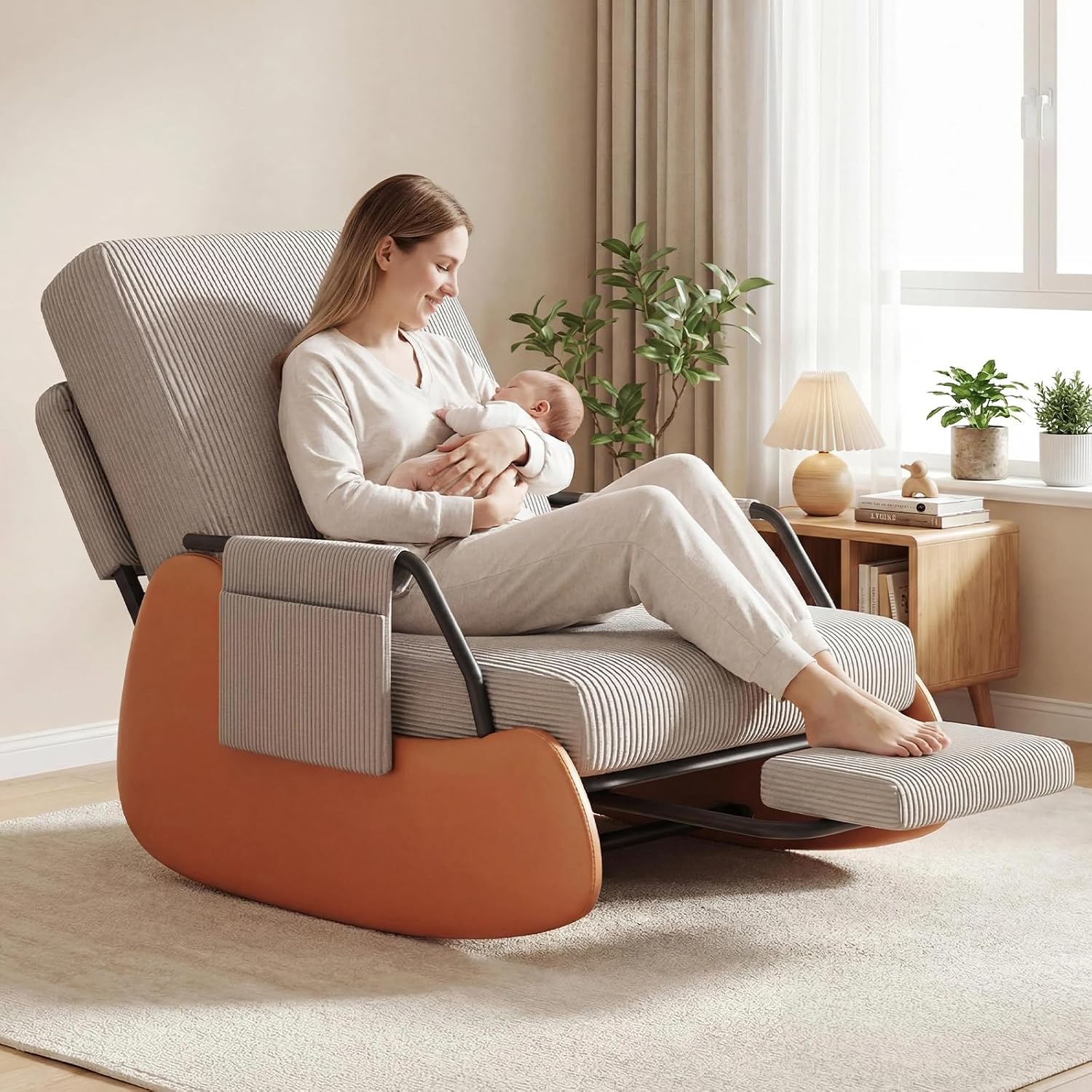 Furniliving Modern Glider Rocking Chair, Upholstered Nursery Glider Chair with Adjustable Recline & Retractable Footrest, Comfortable Lounge Chair for Mom Nursery Living Room Bedroom Grey