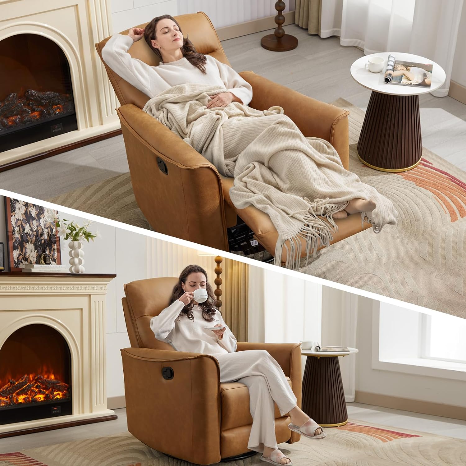 ANJ Manual Swivel Rocker Recliner, Glider Recliners with Padded Armrest and Backrest, Soft Faux Leather Nursery Rocking Recliner Chair Reclining Sofa for Living Room