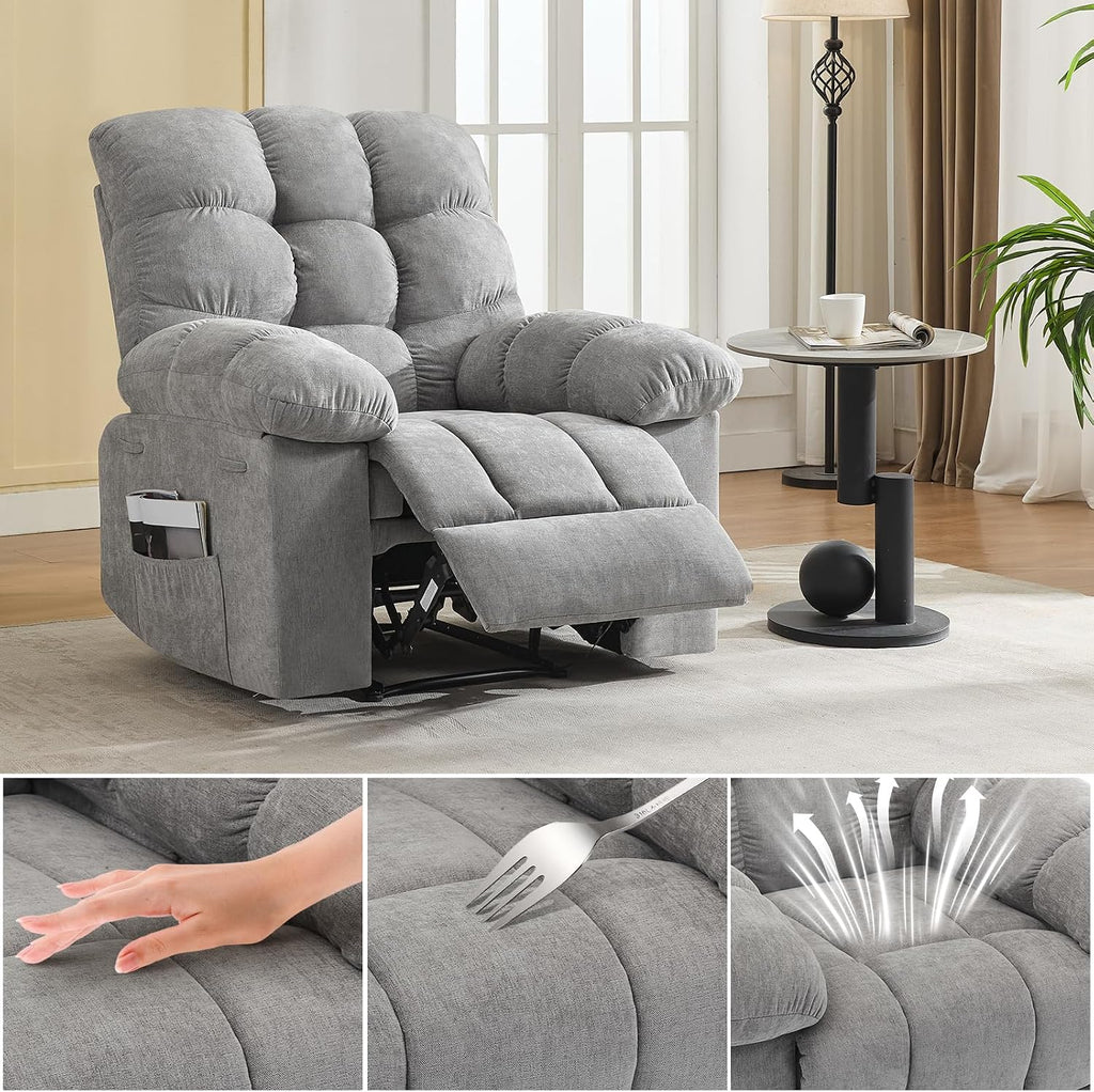 Recliner Rocking Chair with Massage & Heat, Wide Overstuffed Fabric Recliner with Breathable Upholstery, Ergonomic Design, 2 Side Pockets & Remote Control for Living Room or Bedroom (Gray)