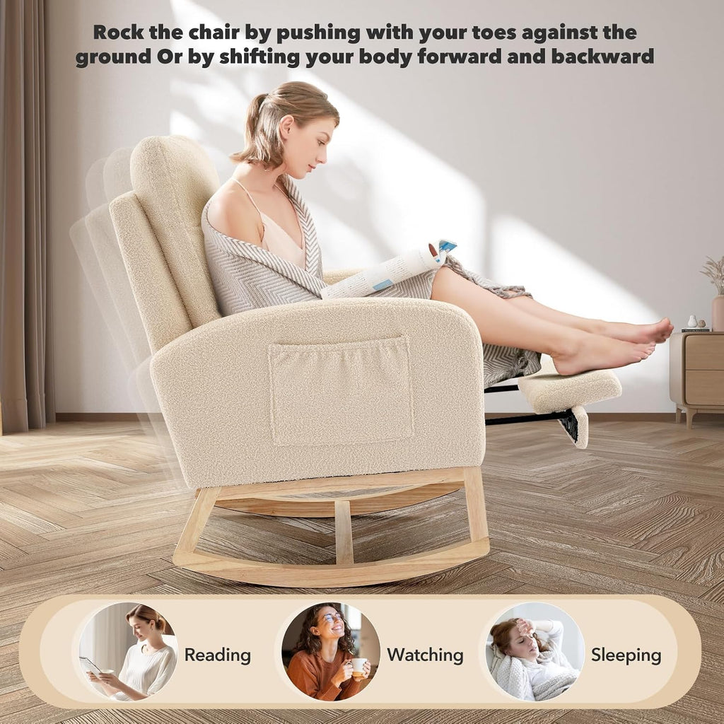 Teddy Fabric Nursery Rocking Chair with Adjustable Footrest, Two Side Pockets & Solid Wooden Legs - High Backrest Comfortable Lounge Armchair for Nursery, Living Room, Bedroom（Beige）