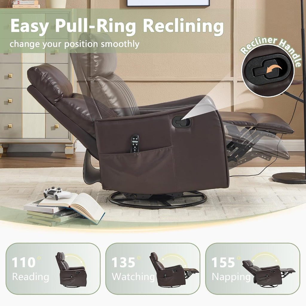 cinkehome Swivel Rocker Recliner, Glider Rocker Recliner Chair for Nursery, Manual Reclining Chair with Heated Massage, Small Spaces, Living Room, Faux Leather Brown
