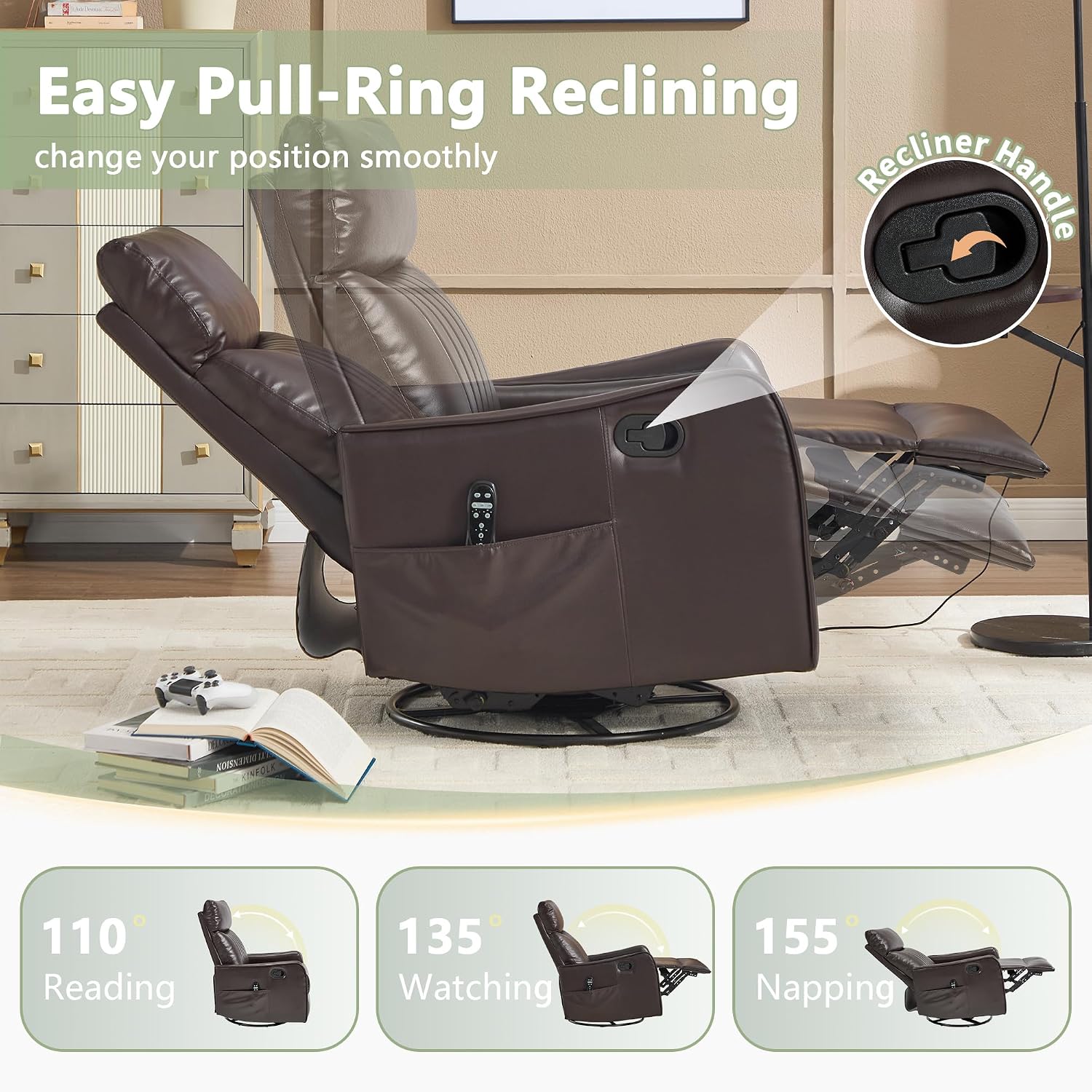 cinkehome Swivel Rocker Recliner, Glider Rocker Recliner Chair for Nursery, Manual Reclining Chair with Heated Massage, Small Spaces, Living Room, Faux Leather Brown