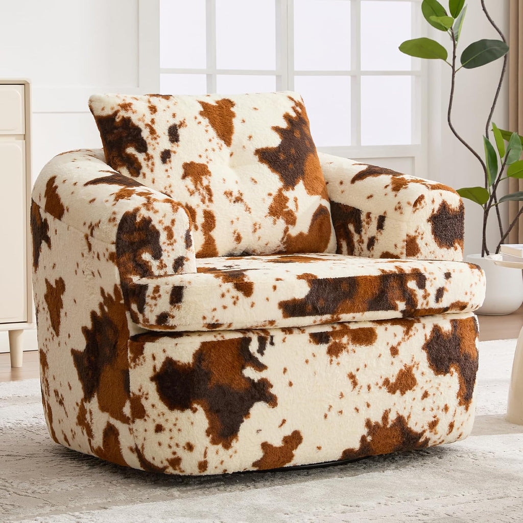 JIVOIT 360° Swivel Barrel Accent Chair, 36.6' Swivel Round Sofa Chair with Dual-Layer Cushion Design, Modern Upholstered Single Sofa for Living Room, Bedroom, Office and Hotel (Beige&Brown, 121)