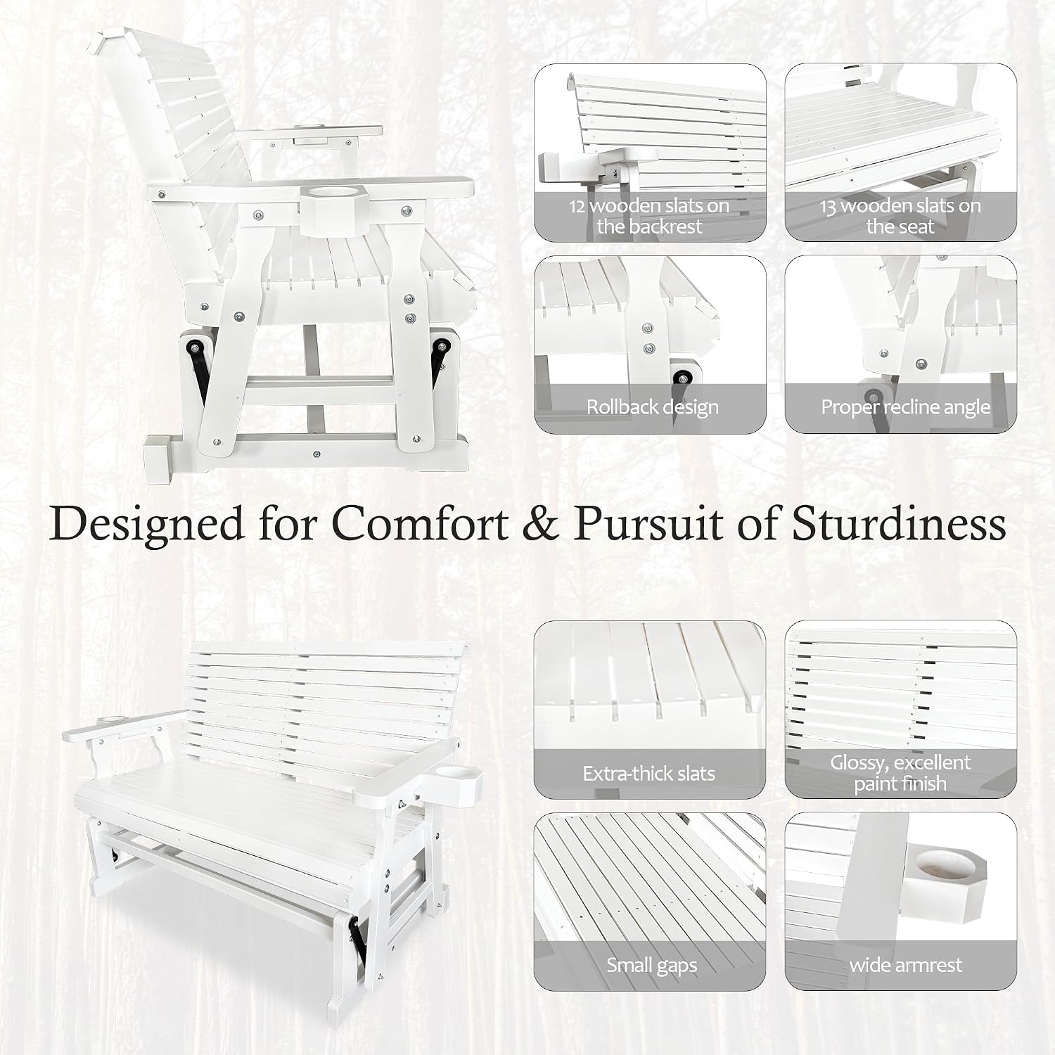 Fortune Candy Patio Glider with Cup Holders, High Roll Back and Deep Contoured Seat,Heavy Duty 800 Lb (White, 2-Seater)