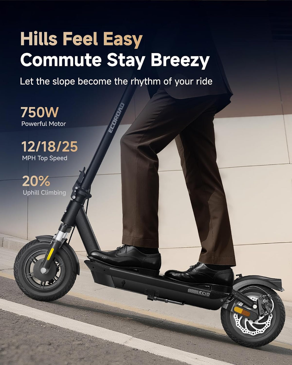 ECOROAD EC10 Electric Scooter for Adults, 750W Motor & 25 MPH & 32 Miles Long Range, 10' Tires with Dual Suspension, Foldable Commuting E Scooter with App Control