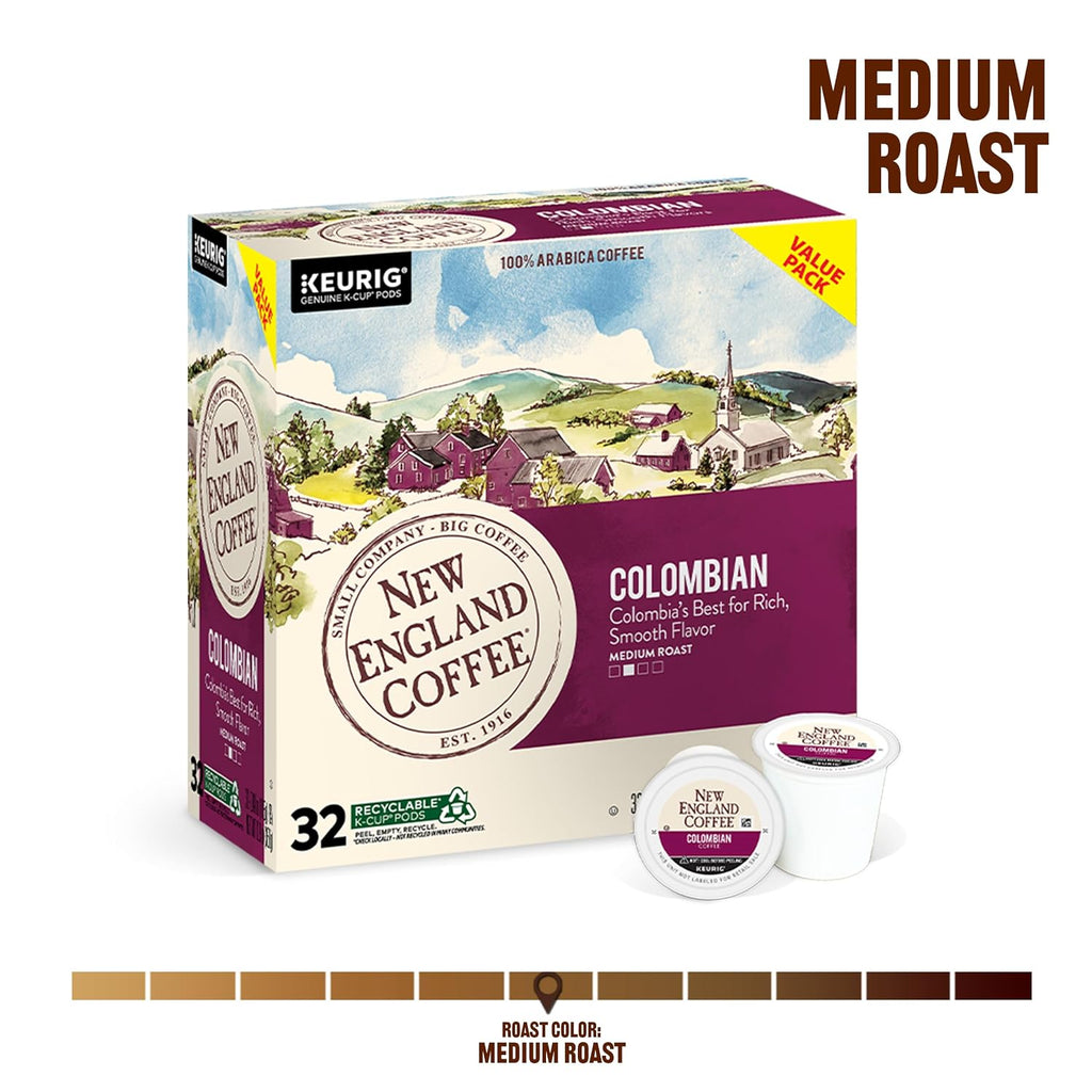 New England Coffee Colombian Supremo Medium Roast Single Serve Pods, 32ct Box (Pack of 4)