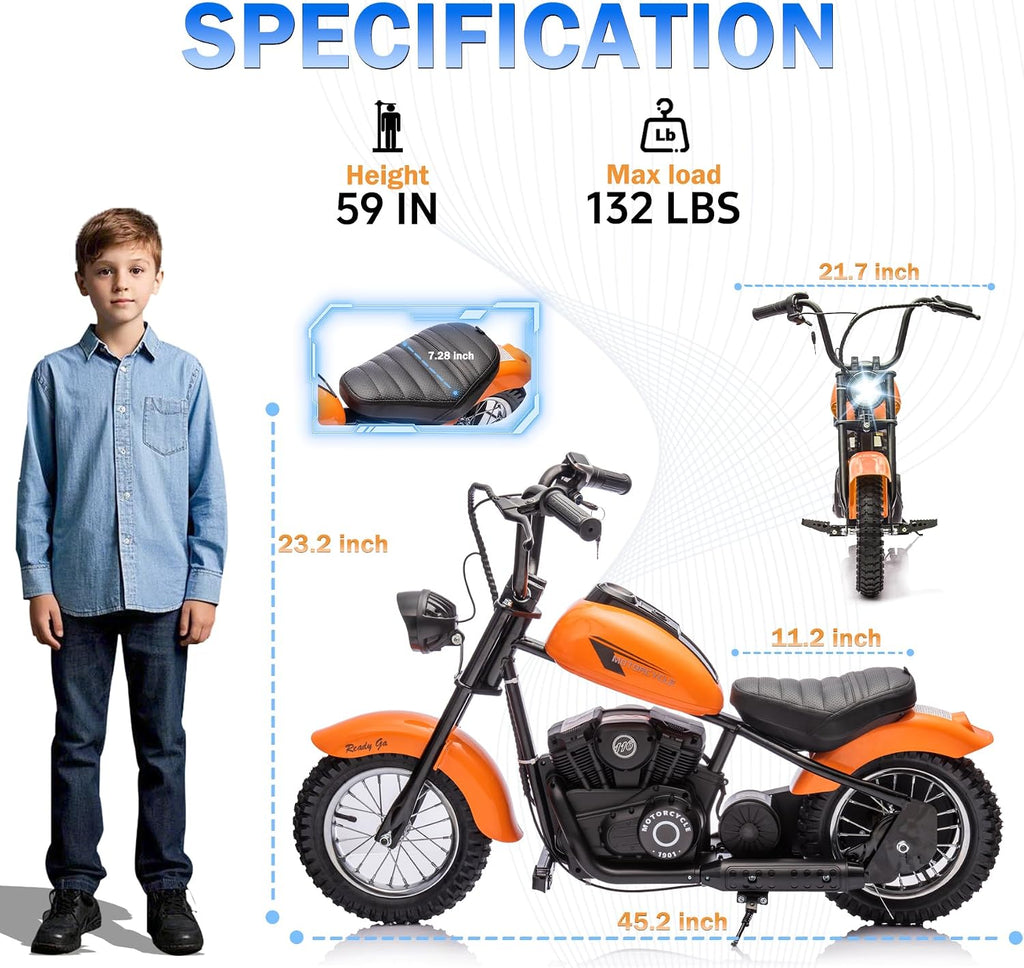 Electric Dirt Bike for Kids, 24V 9AH Ride on Toy for Big Kids, 250W Strong Motor 14MPH Fast Speed Electric Retro Off-Road Motorcycle, LED Lights, Orange