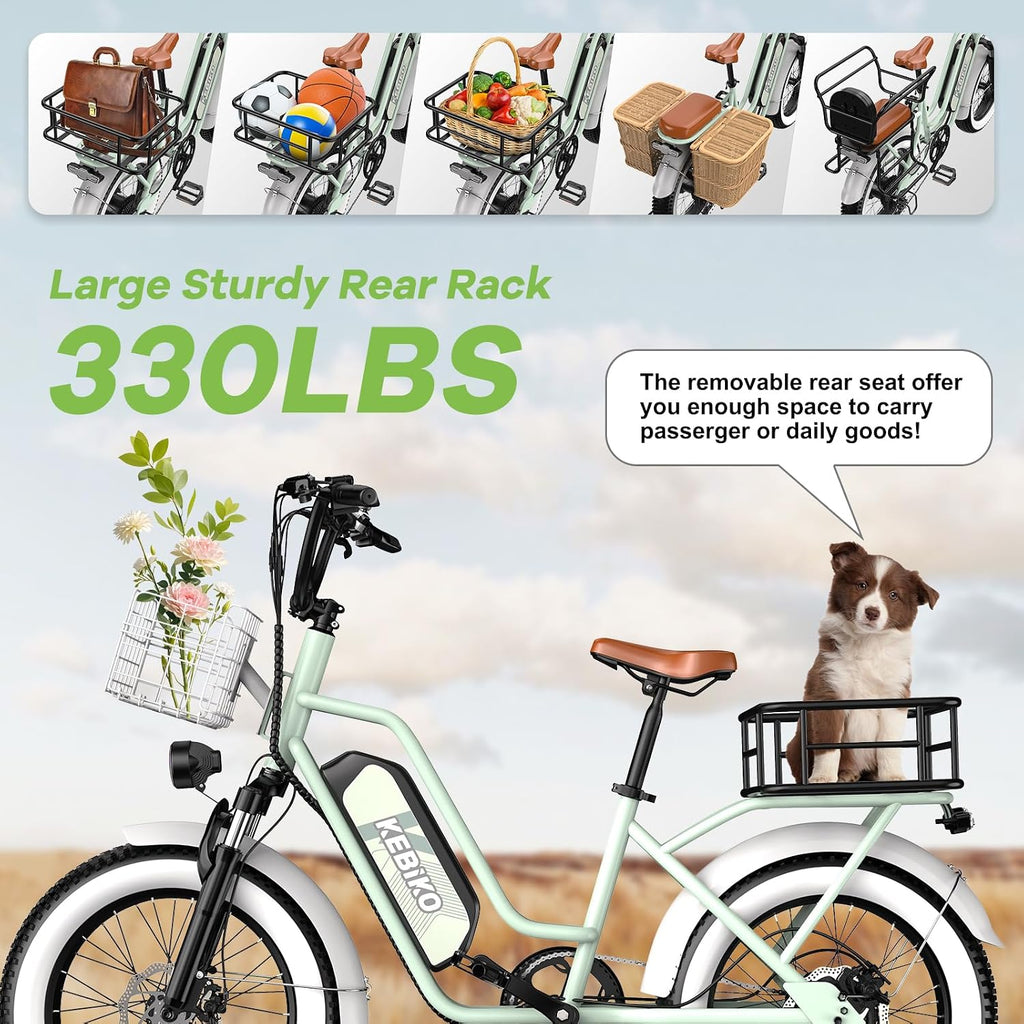 1450W Peak Bike with 48V 20AH Removable Battery, 20'x 4' Fat Tires 35MPH Electric Bike for Adults, 80 Miles Max Range Cargo Ebike 2 Seater Electric Bicycle Green with Safety Seat