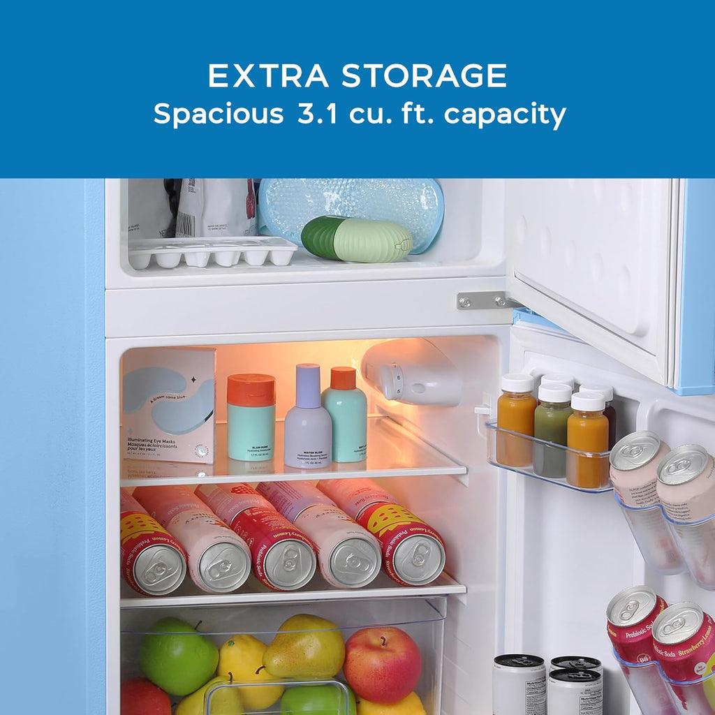 Avanti Mini Fridge with Freezer Retro Design Compact Refrigerator for Home Office or Dorm, Features Dual Doors Removable Shelves Manual Defrost and Mechanical Adjustable Temp Control, 3.1-Cu.Ft, Blue