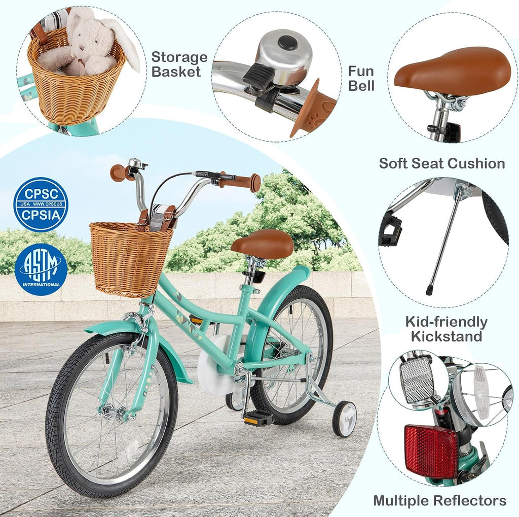 BABY JOY Retro Kids Bike, 12 14 16 18 Inch Child Bike for 3-8 Years Old w/Rattan Basket, Adjustable Height, Training Wheels, Fenders, Handbrake Coaster Brake, 95% Pre-Assembled Kids Bicycle for Girls