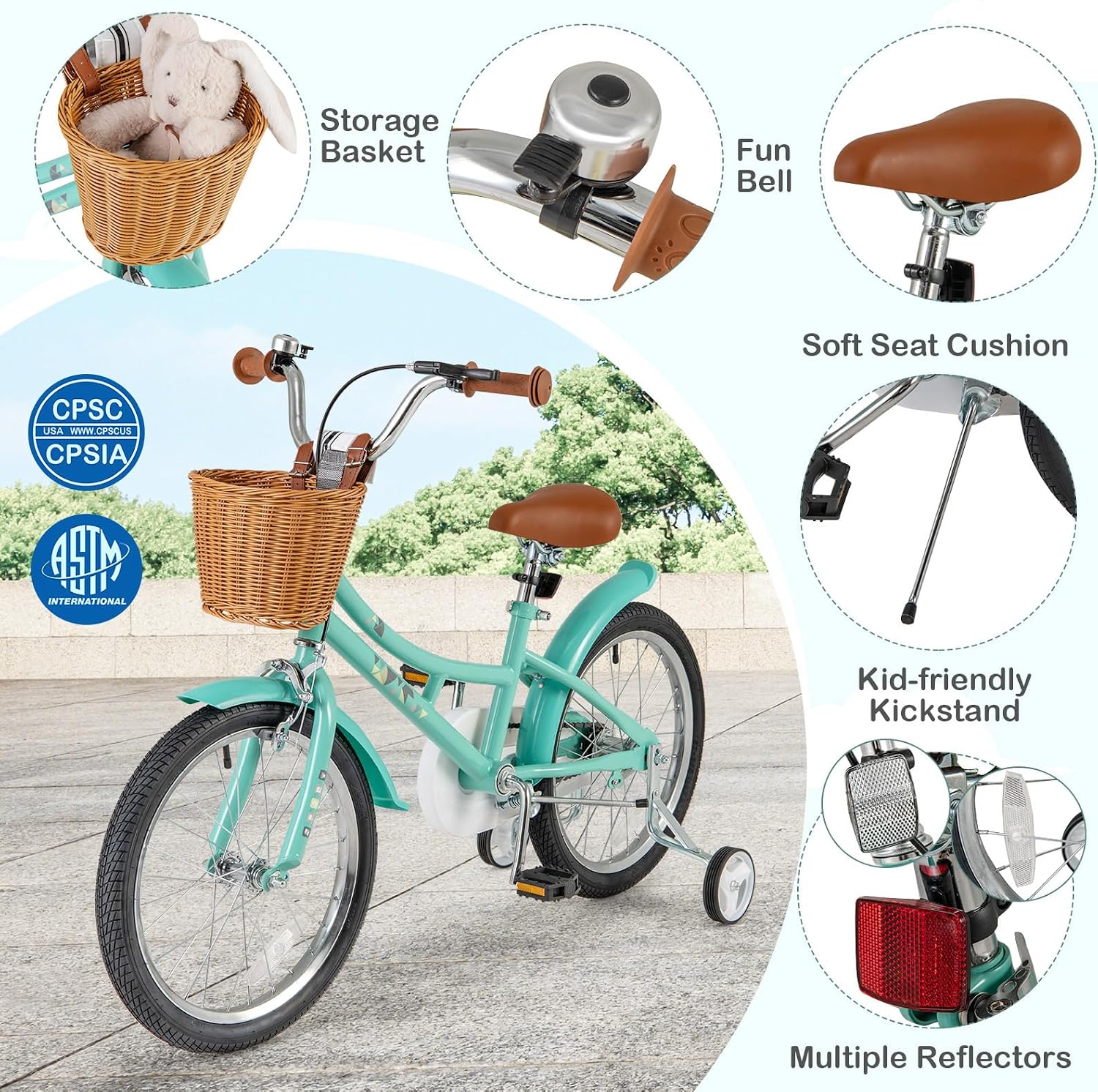 BABY JOY Retro Kids Bike, 12 14 16 18 Inch Child Bike for 3-8 Years Old w/Rattan Basket, Adjustable Height, Training Wheels, Fenders, Handbrake Coaster Brake, 95% Pre-Assembled Kids Bicycle for Girls