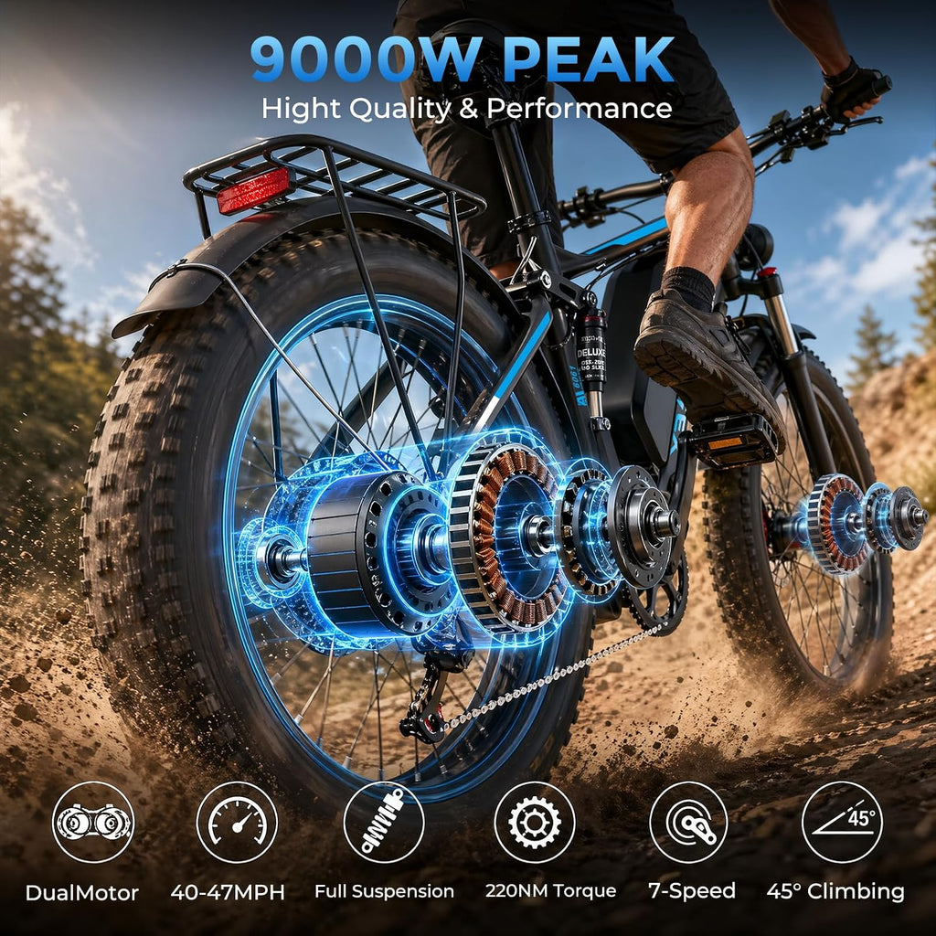 Peak 9000W Dual Motor Ebike for Adults, 58V Max-Output Battery 24Inch Fat Tire Electric Bike, Max 47MP H Speed & 105 Miles Range, Hydraulic Disc Brakes Full Suspension
