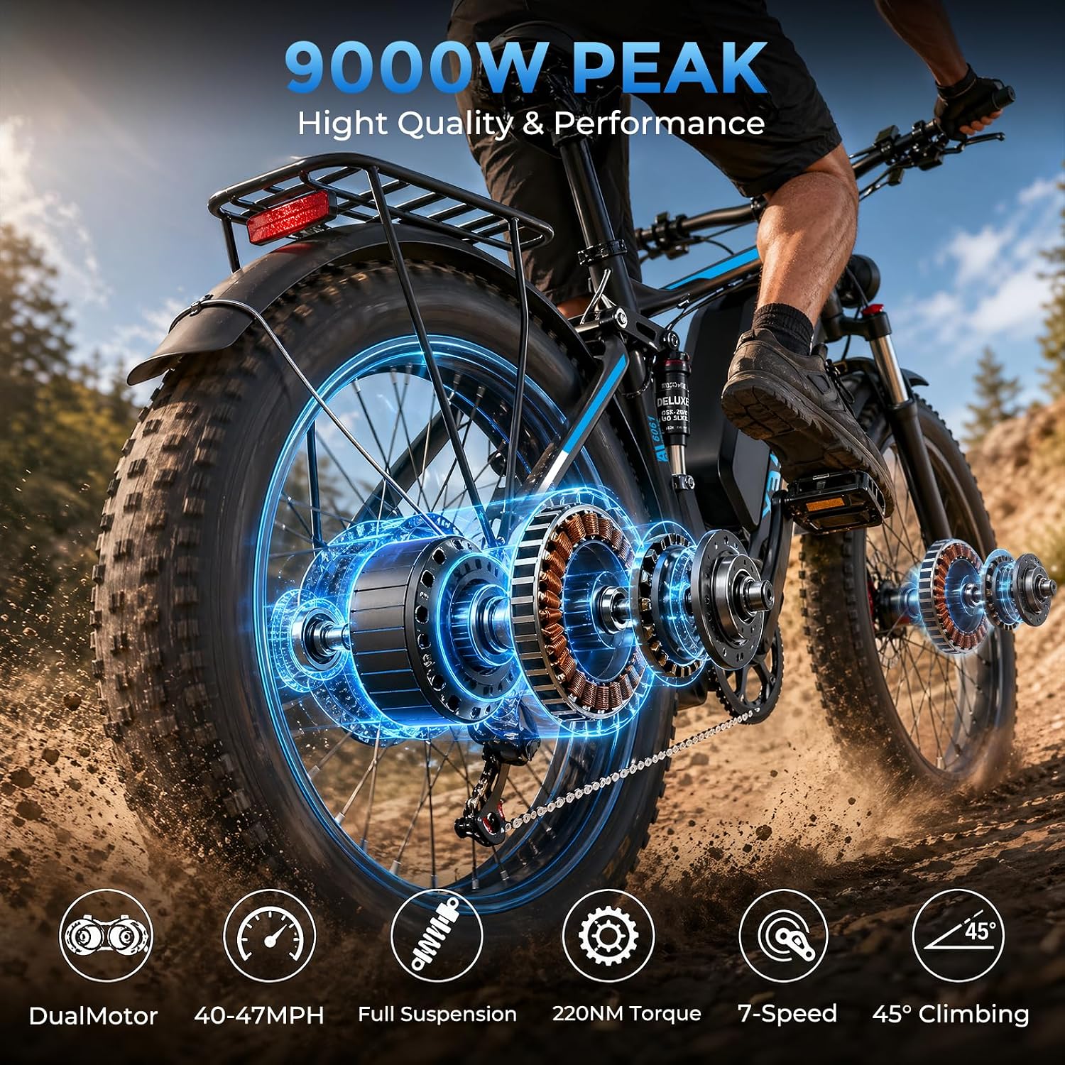 Peak 9000W Dual Motor Ebike for Adults, 58V Max-Output Battery 24Inch Fat Tire Electric Bike, Max 47MP H Speed & 105 Miles Range, Hydraulic Disc Brakes Full Suspension