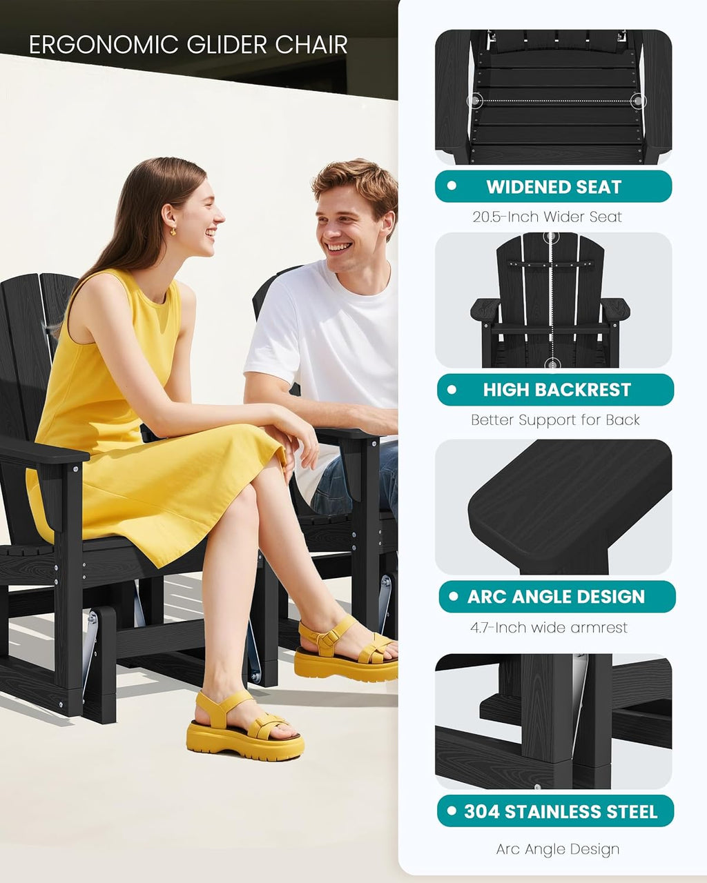 SERWALL Outdoor Glider Chair, HDPE Patio Glider Rocker All-Weather Porch Glider for Outside, Black