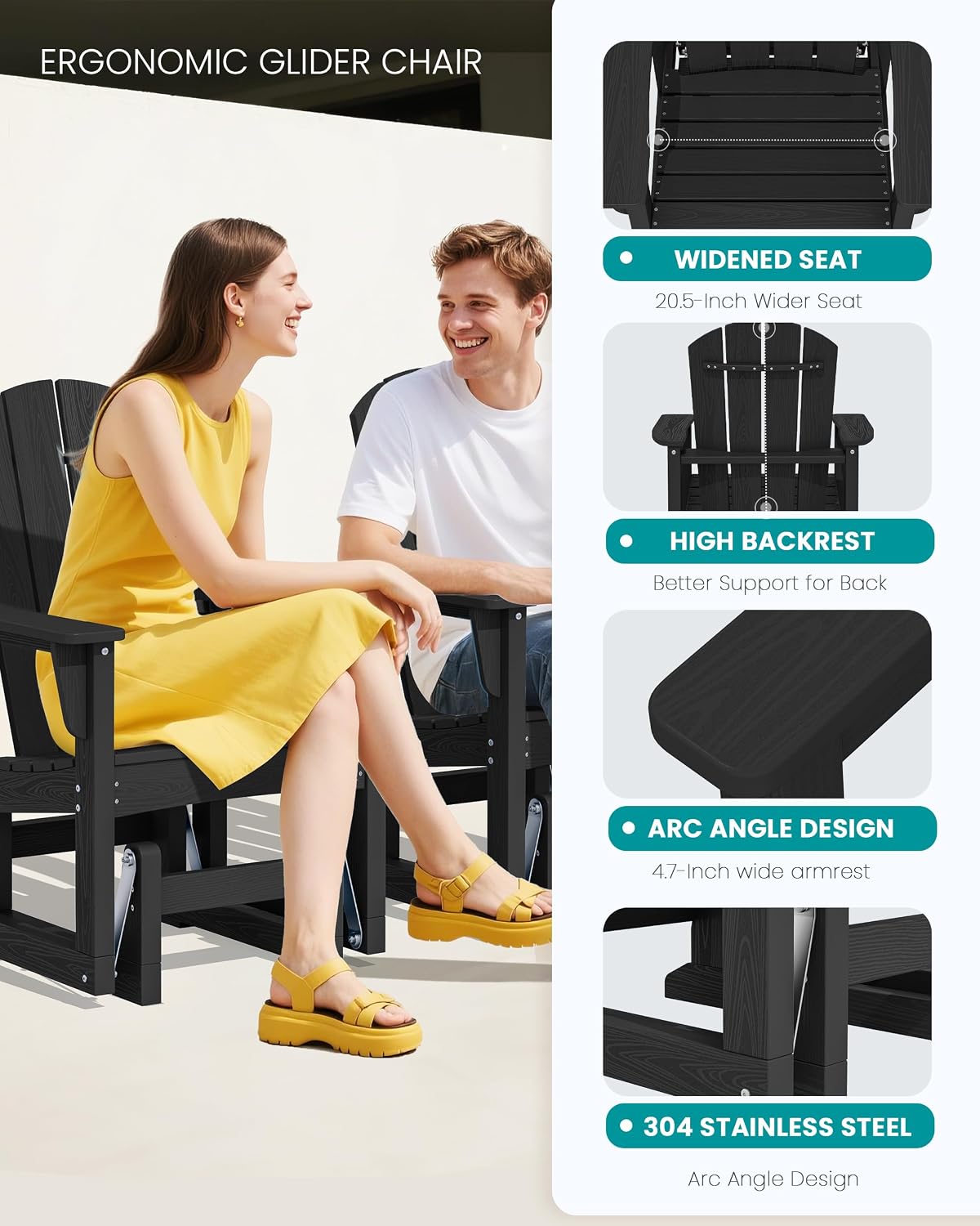 SERWALL Outdoor Glider Chair, HDPE Patio Glider Rocker All-Weather Porch Glider for Outside, Black