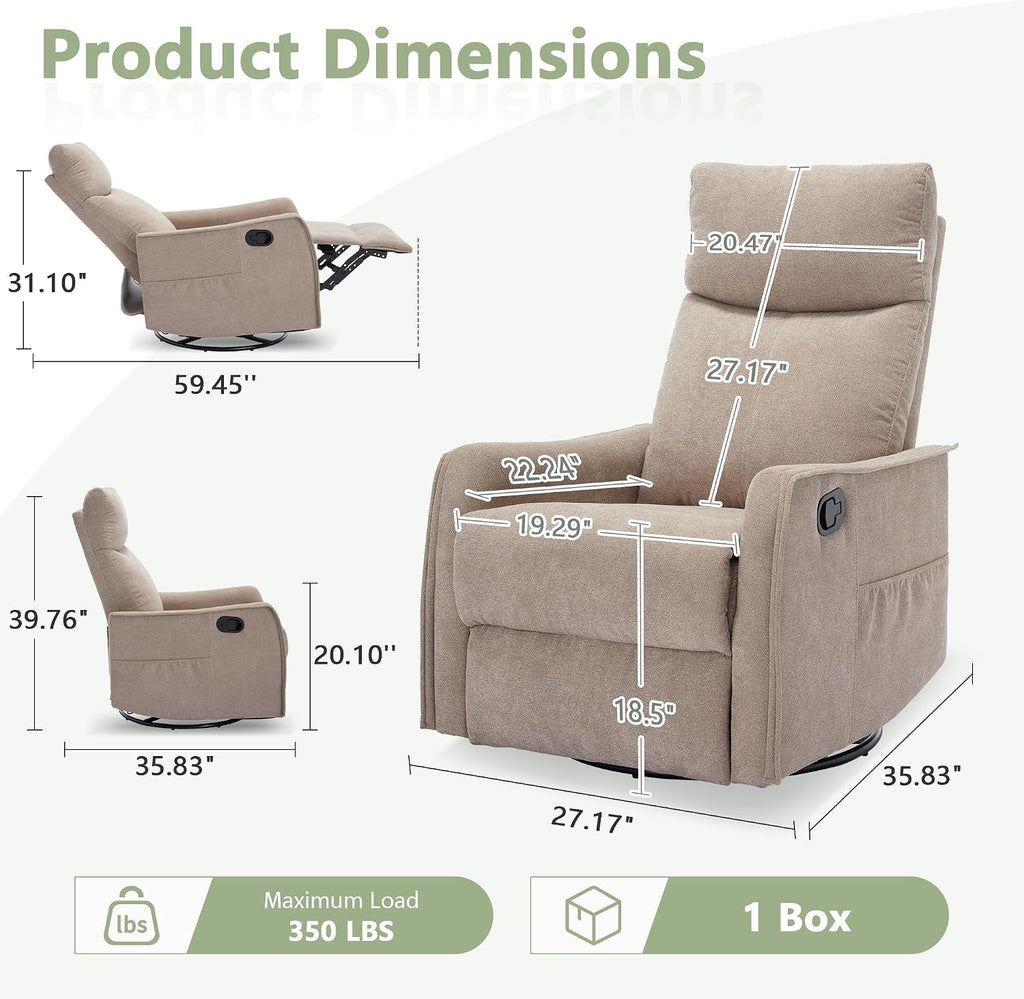 cinkehome Swivel Rocker Recliner Chair with Heated Massage, Rocking Reclining Chairs for Nursery, Small Spaces, High Back, Side Pocket
