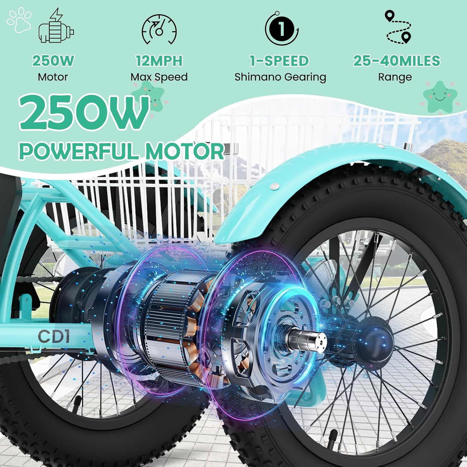 LILYPELLE Electric Tricycle for Youth, 250W Aluminum Frame Electric Tricycle Etrike, 16IN 3 Wheels Electric Bicycle Bikes, 3.0 Fat Tire Electric Trike with Removable Battery and Rear Basket