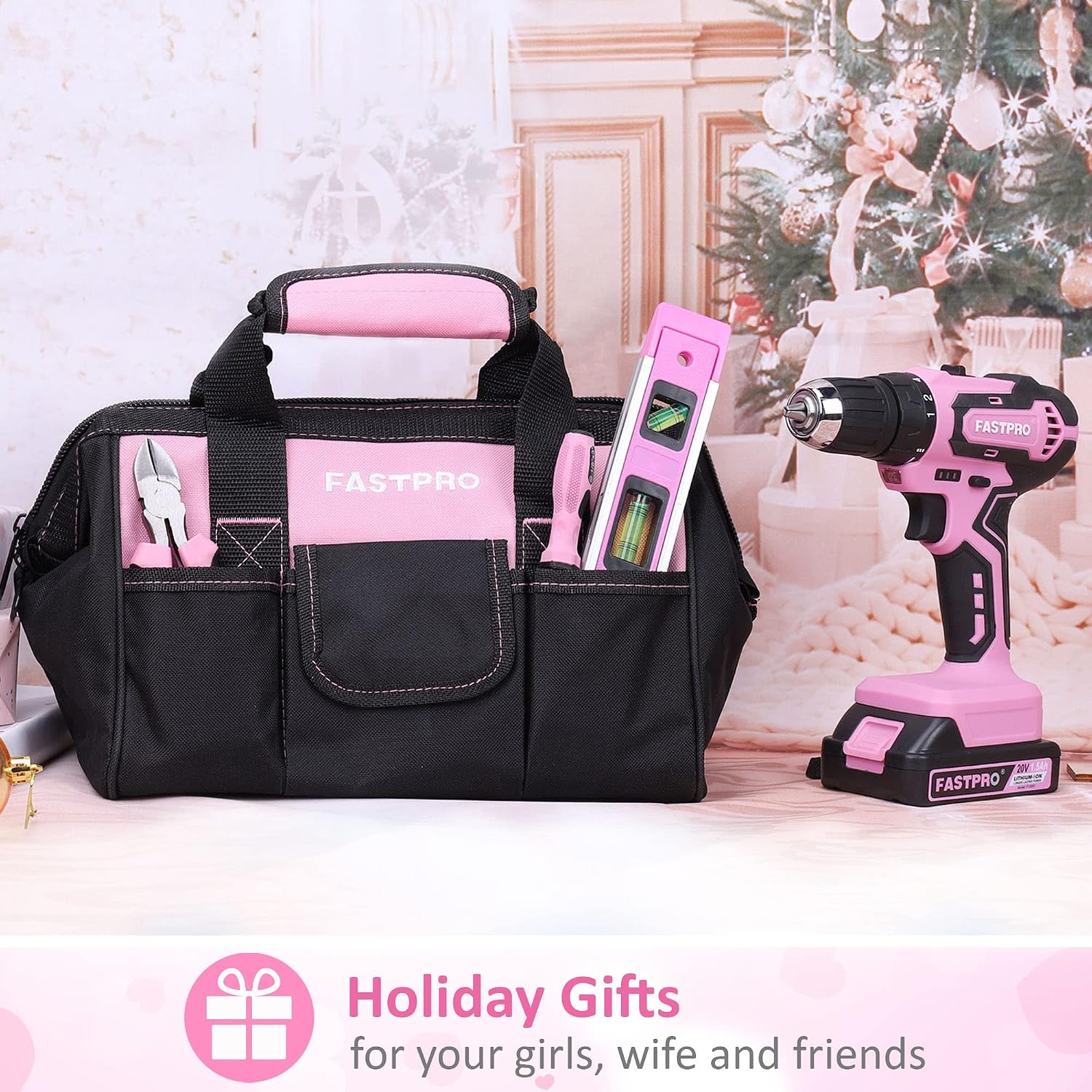 FASTPRO 232-Piece Pink Tool Set with Drill, 20V Cordless Drill Driver and Home Tool Set, Pink Drill Set for Women, Lady's Repairing Kit with 12-Inch Storage Bag, Pink