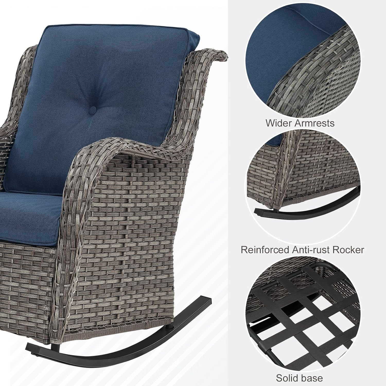 Patio Rocking Chairs Set of 2, Outdoor Gliders Patio Rockers, Wicker Outdoor Rocking Chairs for Porch, Deck, Yard, Sunroom, Garden, Grey Wicker/Blue Cushions