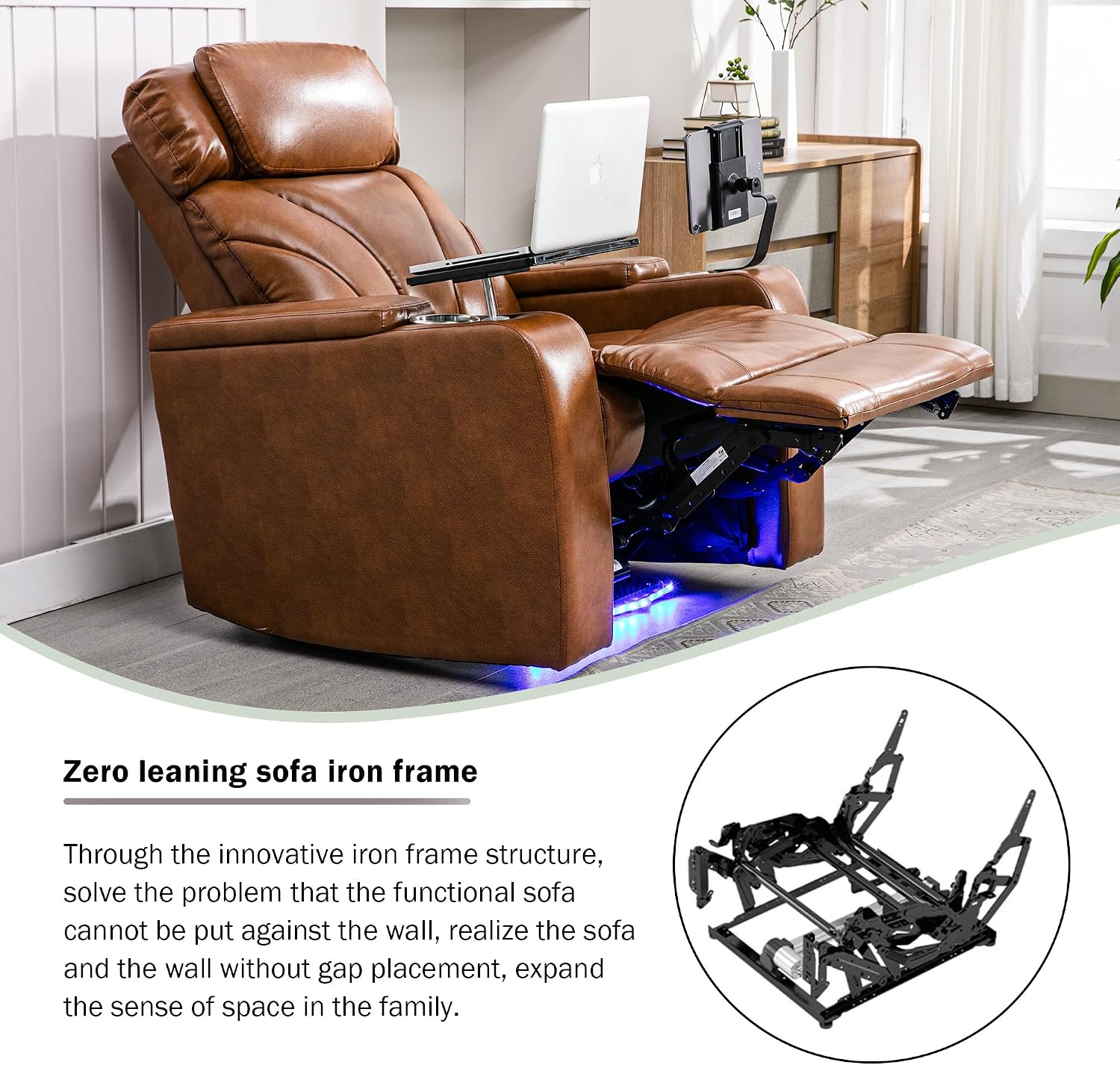 JIVOIT Power Motion Recliner Electric Power Recliner with Hidden Arm Storage, Cup Holder, Phone Holder, Tray Table, Faux Leather Rocker Chair for Small Spaces (Light Brown/78)