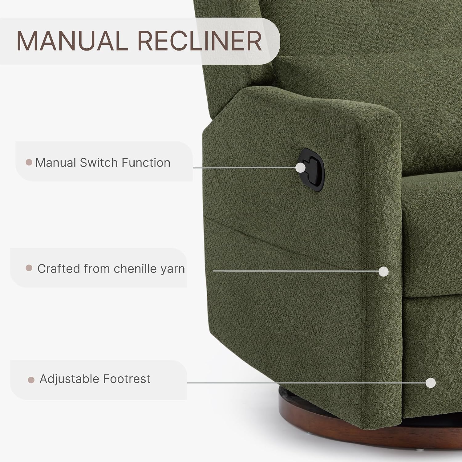 KISLOT Nursery Recliner Chair Swivel Glider Upholstered Rocker Fabric Manual Reclining Chair with Wood Base for Living Room Bedroom