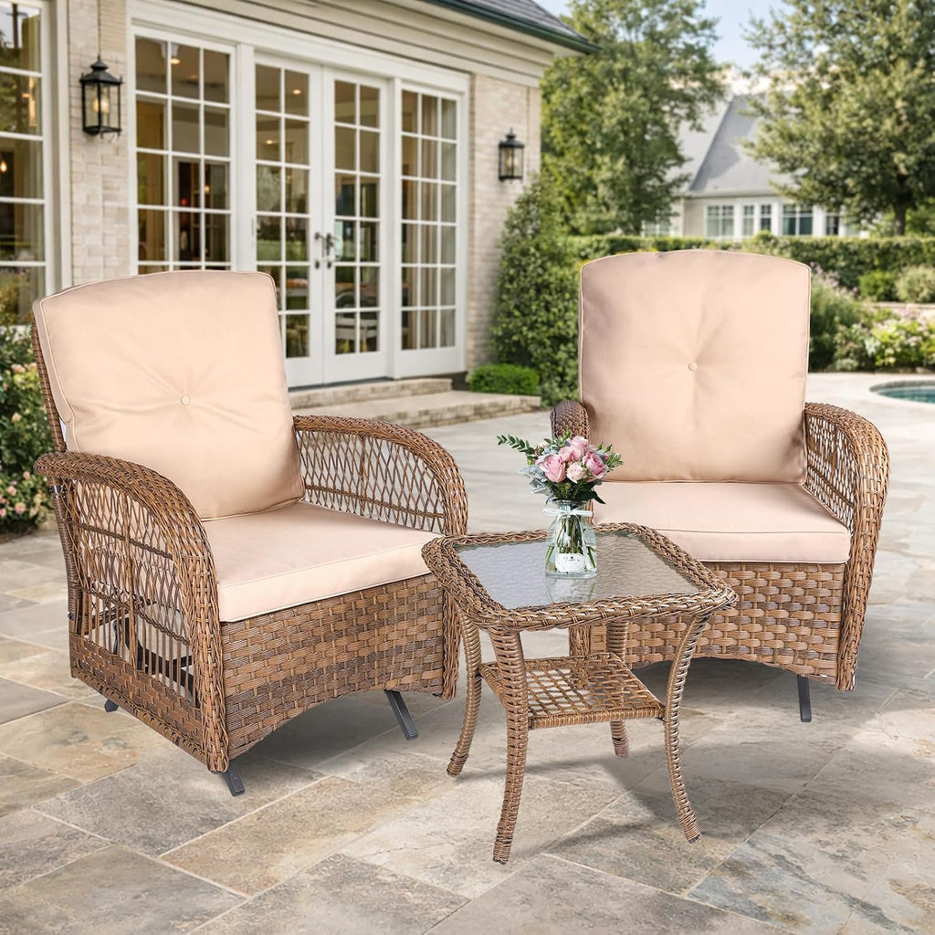 VIVIJASON 3-Piece Patio Wicker Conversation Bistro Set, Outdoor Rattan Glider Rocking Chairs, Wicker Rattan Furniture Set w/ 2 Rocking Chairs and Glass Top Side Table for Porch Backyard, Light Brown
