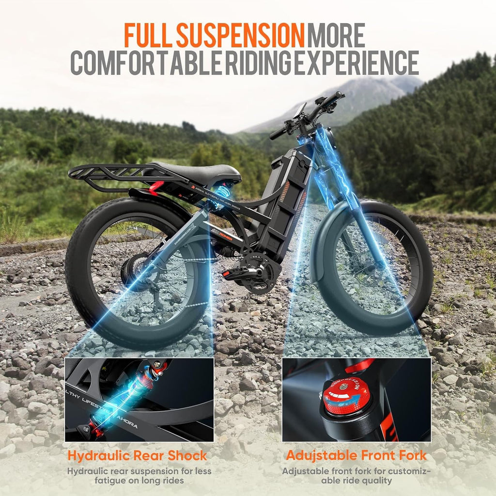 Eahora Romeo Pro/Romeo 2/Romeo Ultra 34-43Mph 1600-3000W Electric Bike for Adults 48-60V 60-70Ah 200Miles Long Range, 20*4.5/26*4.0' Fat Tire Full Suspension, All Terrain, Hydraulic Brake, APP Control