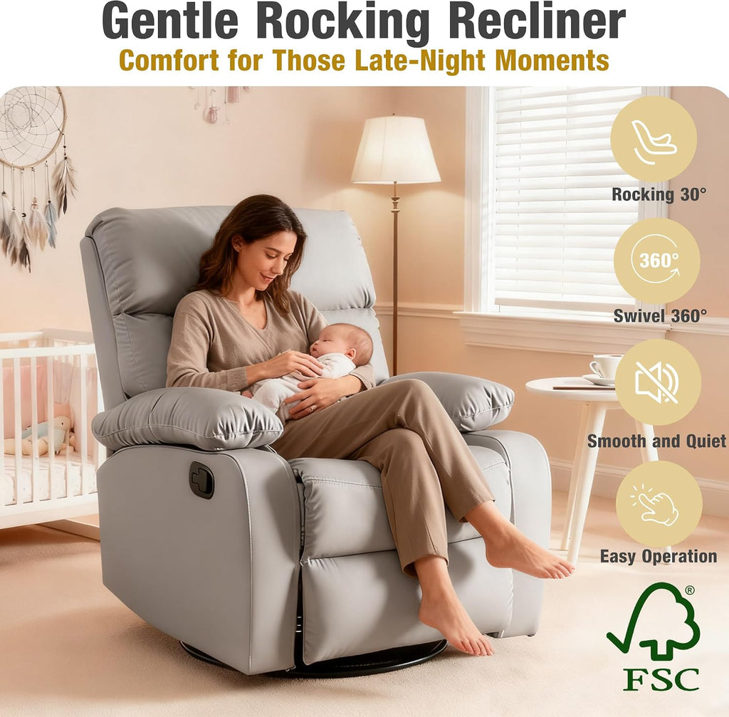 Rocking Recliner, 360° Swivel Recliner Chairs for Adults, Small Rocker Recliners for Small Spaces, Living Room, Bedroom, Nursery, RV, Light Grey