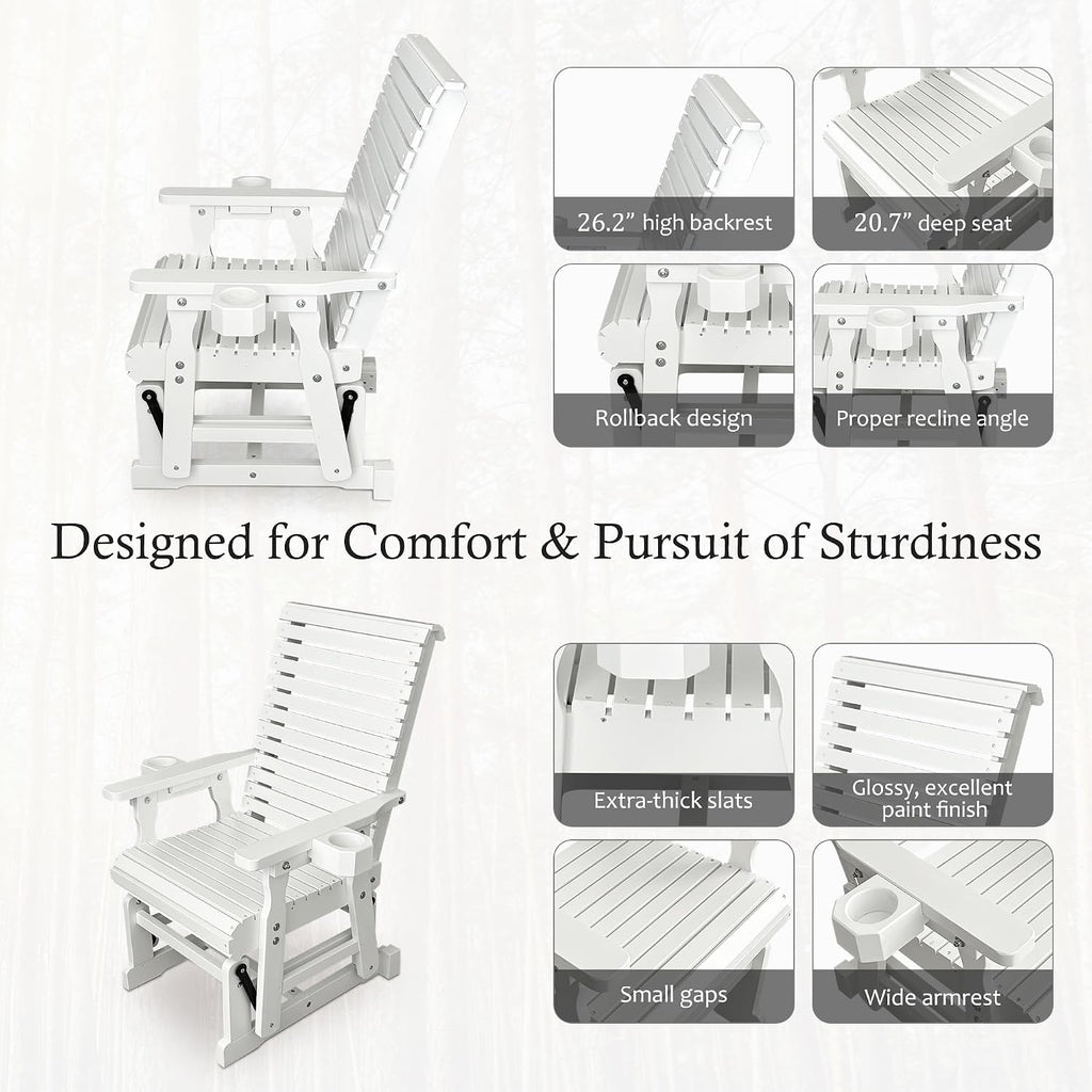 Fortune Candy Wooden Patio Glider for One Person, with High Backrest and Deep Contoured Seat, Solid Fir Wood, Heavy Duty 600 LBS (White, 1-Seater)