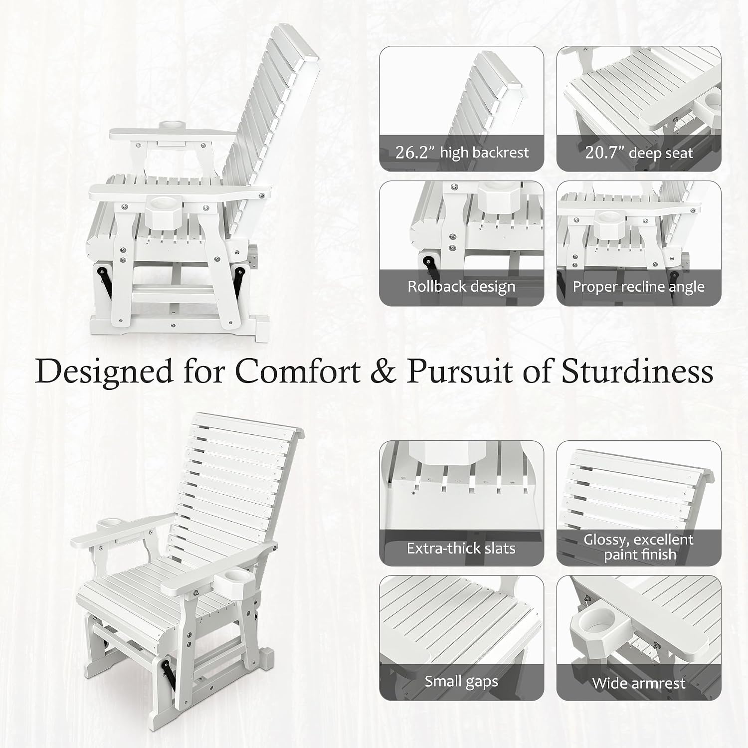 Fortune Candy Wooden Patio Glider for One Person, with High Backrest and Deep Contoured Seat, Solid Fir Wood, Heavy Duty 600 LBS (White, 1-Seater)