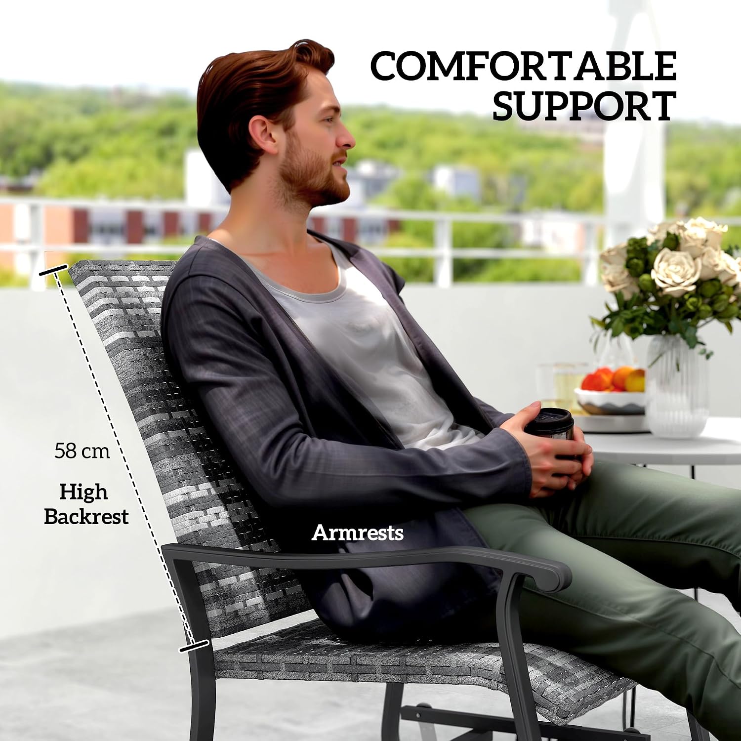 Outsunny Patio Glider Chair Set of 2, Wicker Rattan Outdoor Swivel Chair with Steel Frame, High Back, Armrests, Porch Glider with Adjustable Foot Pads for Garden, Lawn, Backyard, Gray