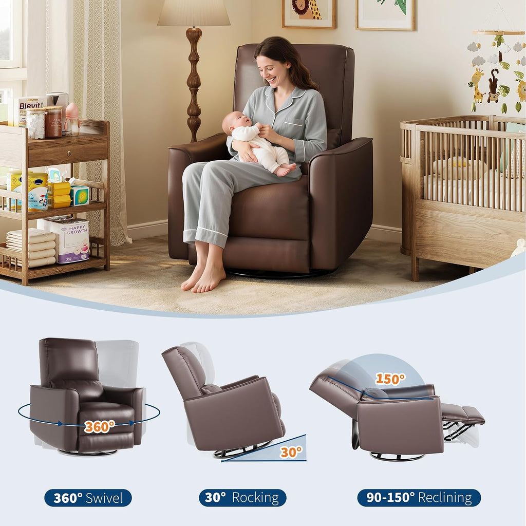 GarveeHome Recliner Chair, 360° Swivel Rocker Glider Nursery Chair with Padded Armrest and Deep Seat, PU Leather Upholstered Reclining Sofa Chair for Living Room, Bedroom and Nursery (Dark Brown)