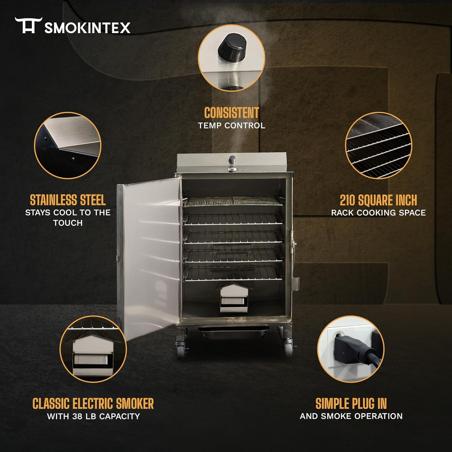 SmokinTex 'The OG' Electric Smoker - Spacious & Insulated Stainless Steel Meat Smoker with 700W Heating, & Temperature Control for BBQ, Jerky, Vegetables