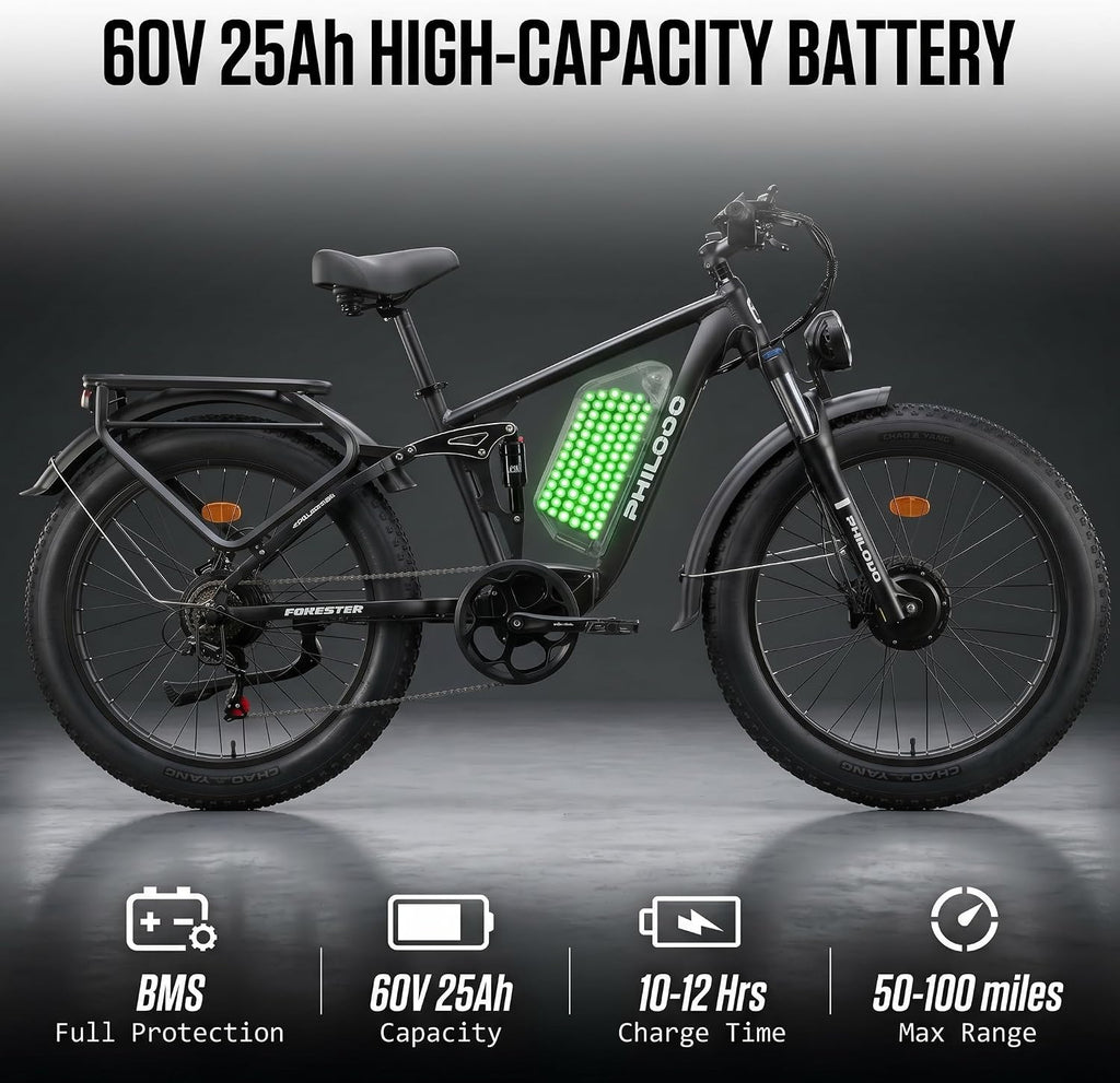 Forester 5000W Peak Dual Motor Electric Bike - 45 MiIe P-hour High-Speed, Fat Tire Ebike with 60V 25Ah Battery, 100+ Mile Range, Full Suspension & Hydraulic Brakes for Adult Off-Road Commuting