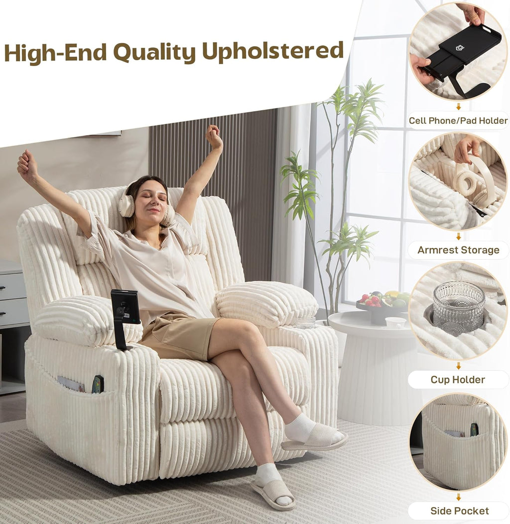 SINCRUMI Power Oversized Swivel Rocker Recliner with Dual Motor Adjustable Headrest for Adults, Glider Rocking Chair with Vibration and Heat, USB A&C Ports, Armrest Storage, Cup Holder, Cream White