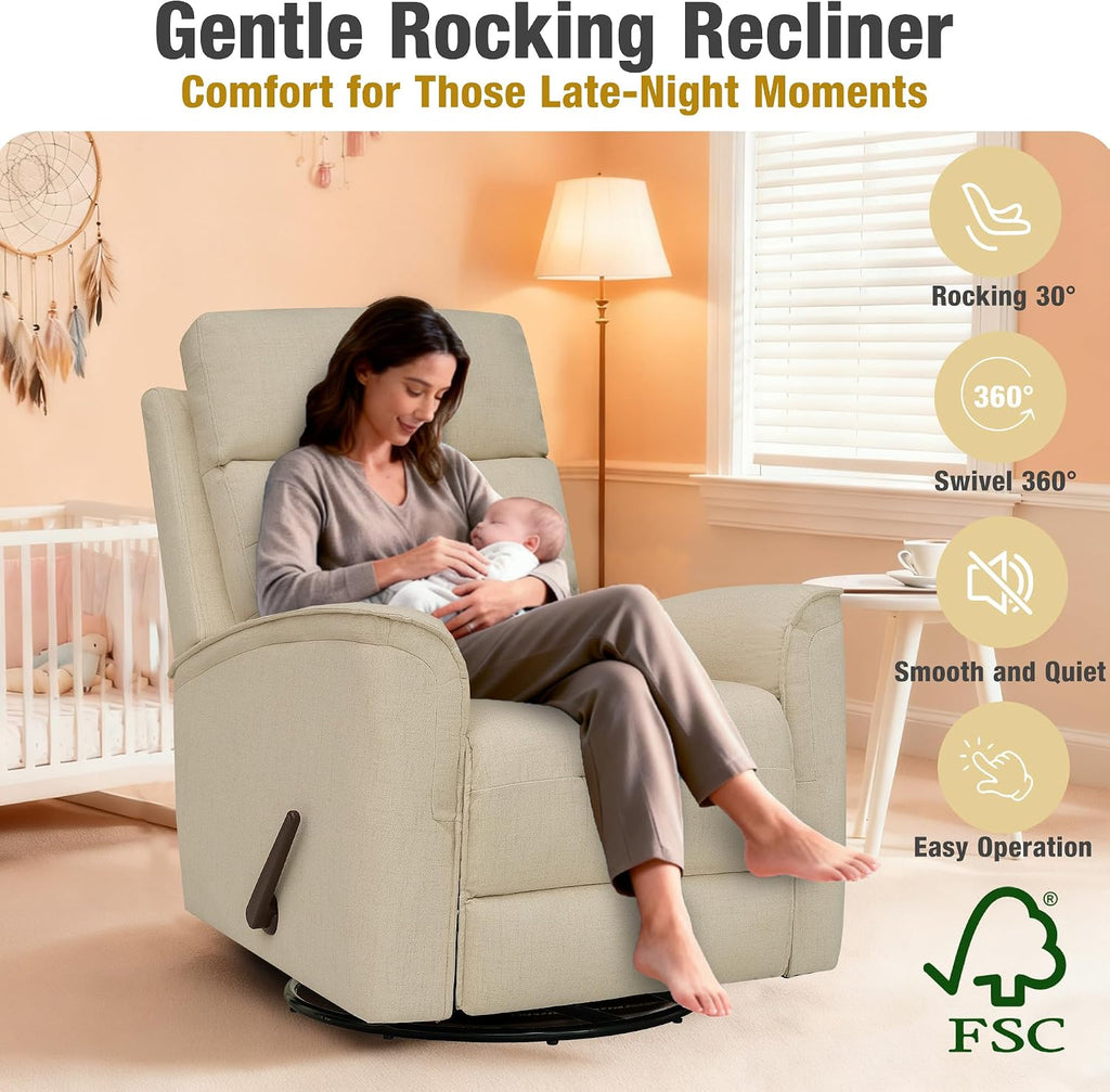 Swivel Rocker Recliner Chair for Adults, Rocking Chair, Small Swivel Recliner for Small Spaces, Living Room, Bedroom, RV(Beige)