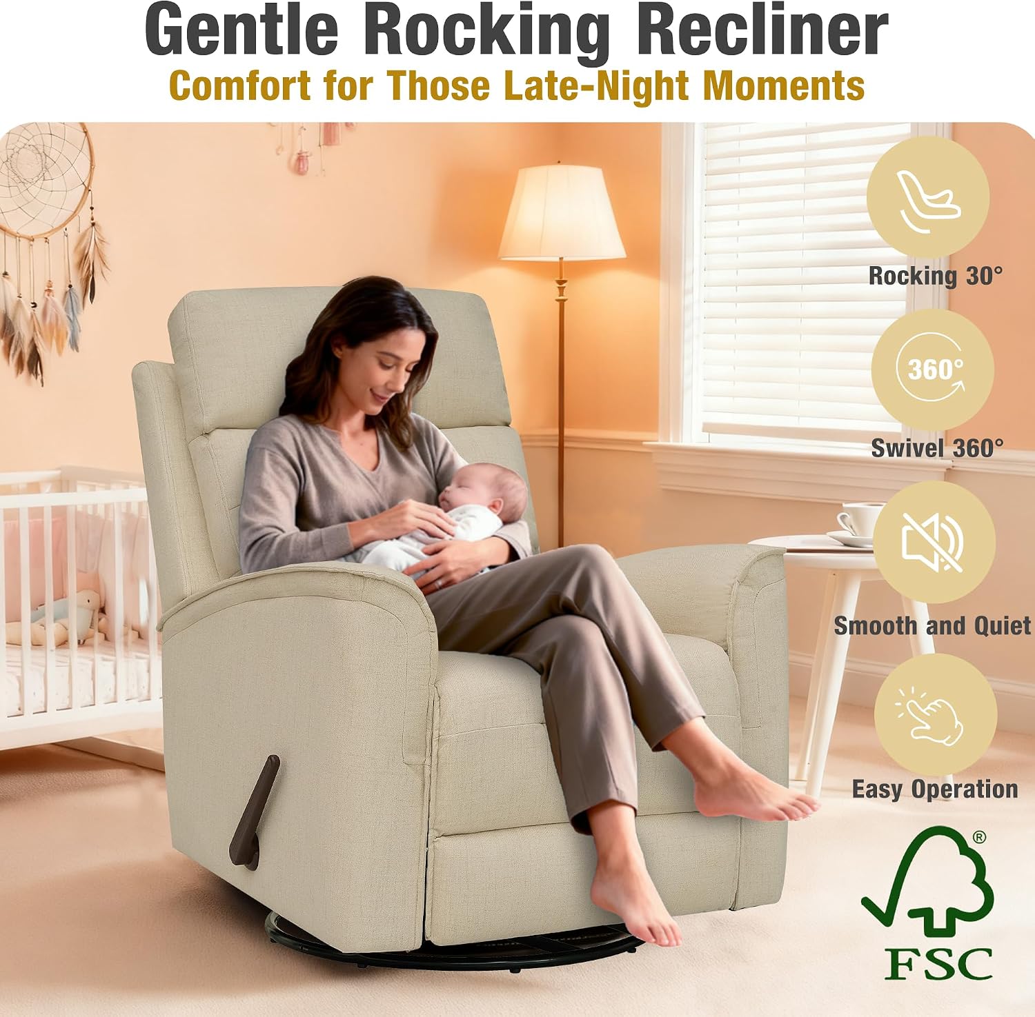 Swivel Rocker Recliner Chair for Adults, Rocking Chair, Small Swivel Recliner for Small Spaces, Living Room, Bedroom, RV(Beige)