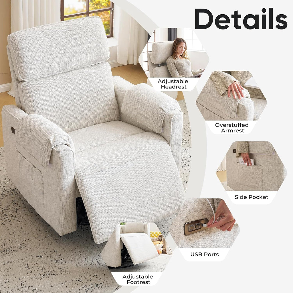 24' Extra Wide Swivel Rocker Recliner Chair with Adjustable Headrest, Oversized Power Rocker Recliner with Overstuffed Armrest, Chenille Rocking Chair Nursery with USB Ports, White